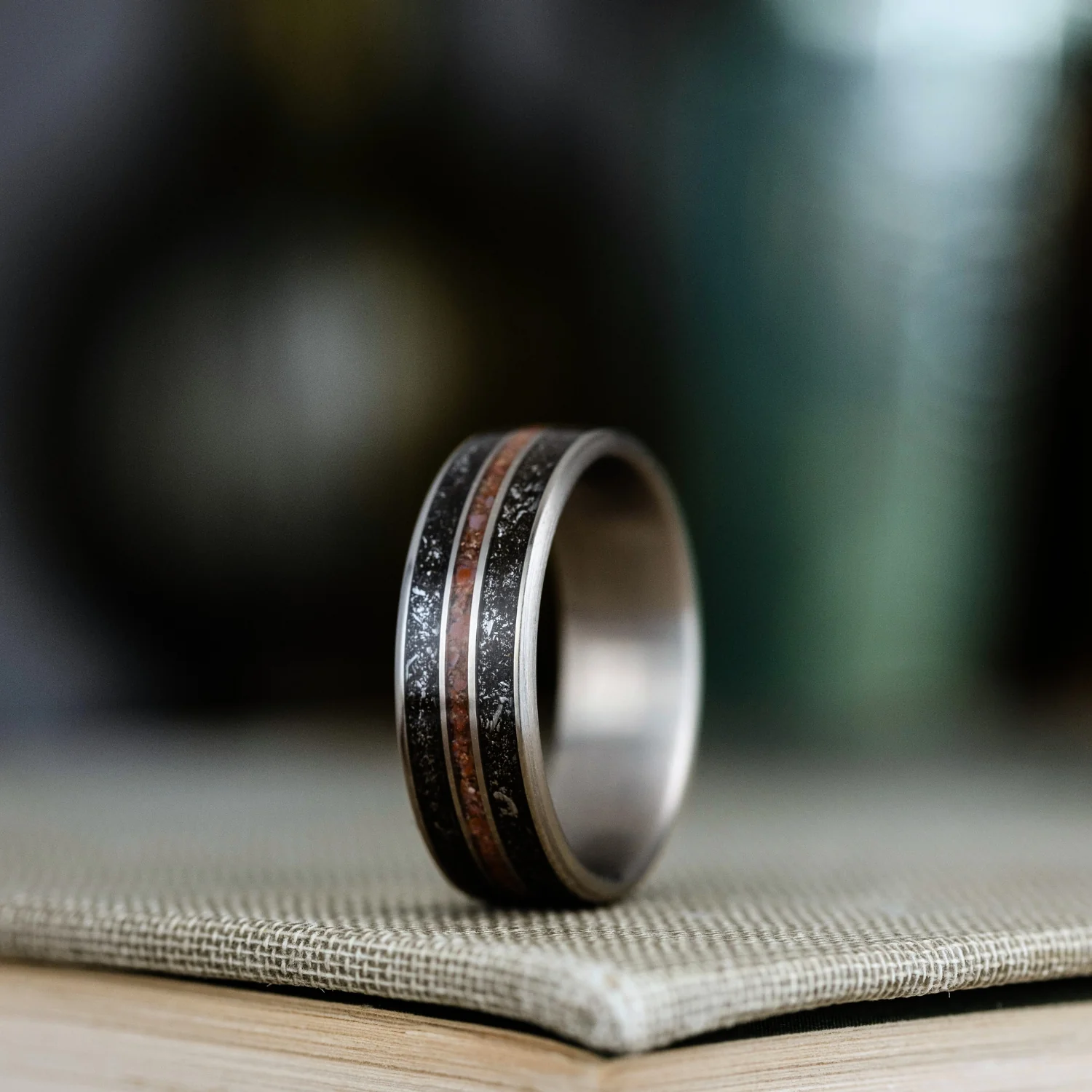 The Alvarez | Men's Titanium Wedding Band with Meteorite & Dinosaur Bone - Image 3