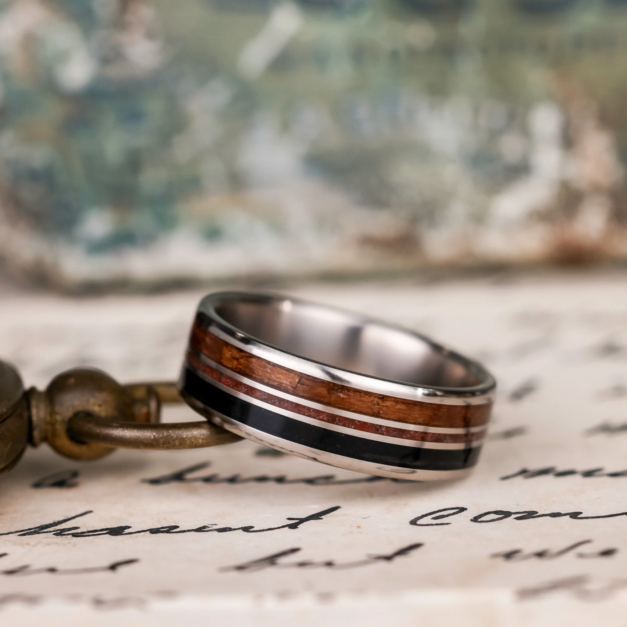 (In-Stock) Custom Titanium Ring with Weathered Whiskey Barrel, Dinosaur Bone & USS NJ Battleship Teak Inlay - Size 13.25 | 8mm Wide - Image 3