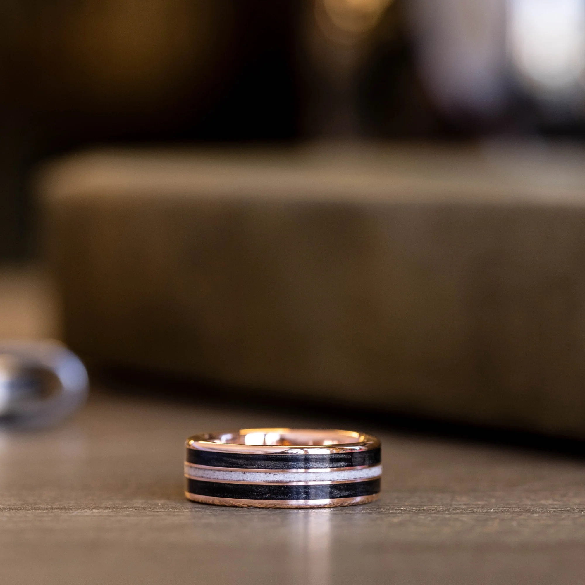 The Frontiersman | Men's Gold Wedding Band with Black Whiskey Barrel Wood & Elk Antler - Image 4