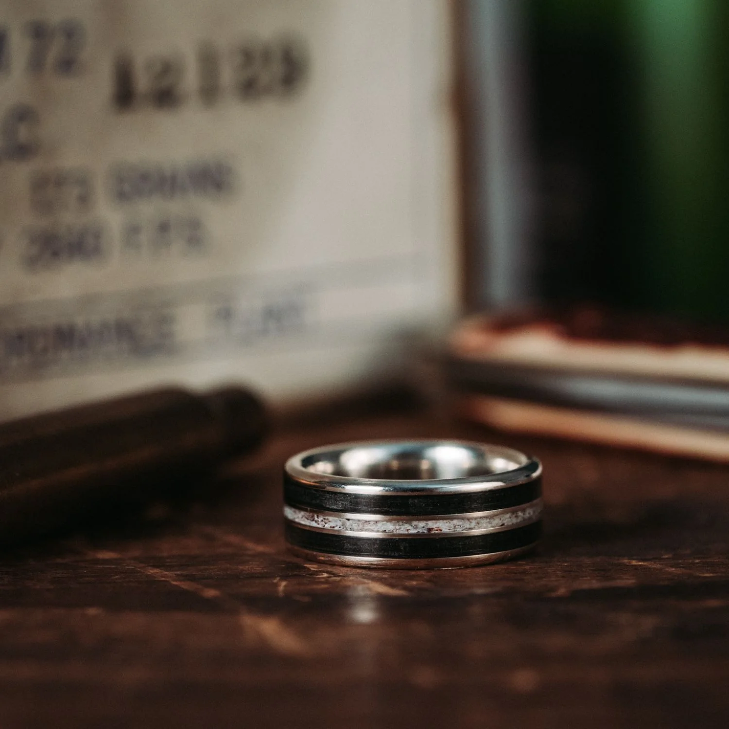 The Frontiersman | Men's Gold Wedding Band with Black Whiskey Barrel Wood & Elk Antler - Image 5