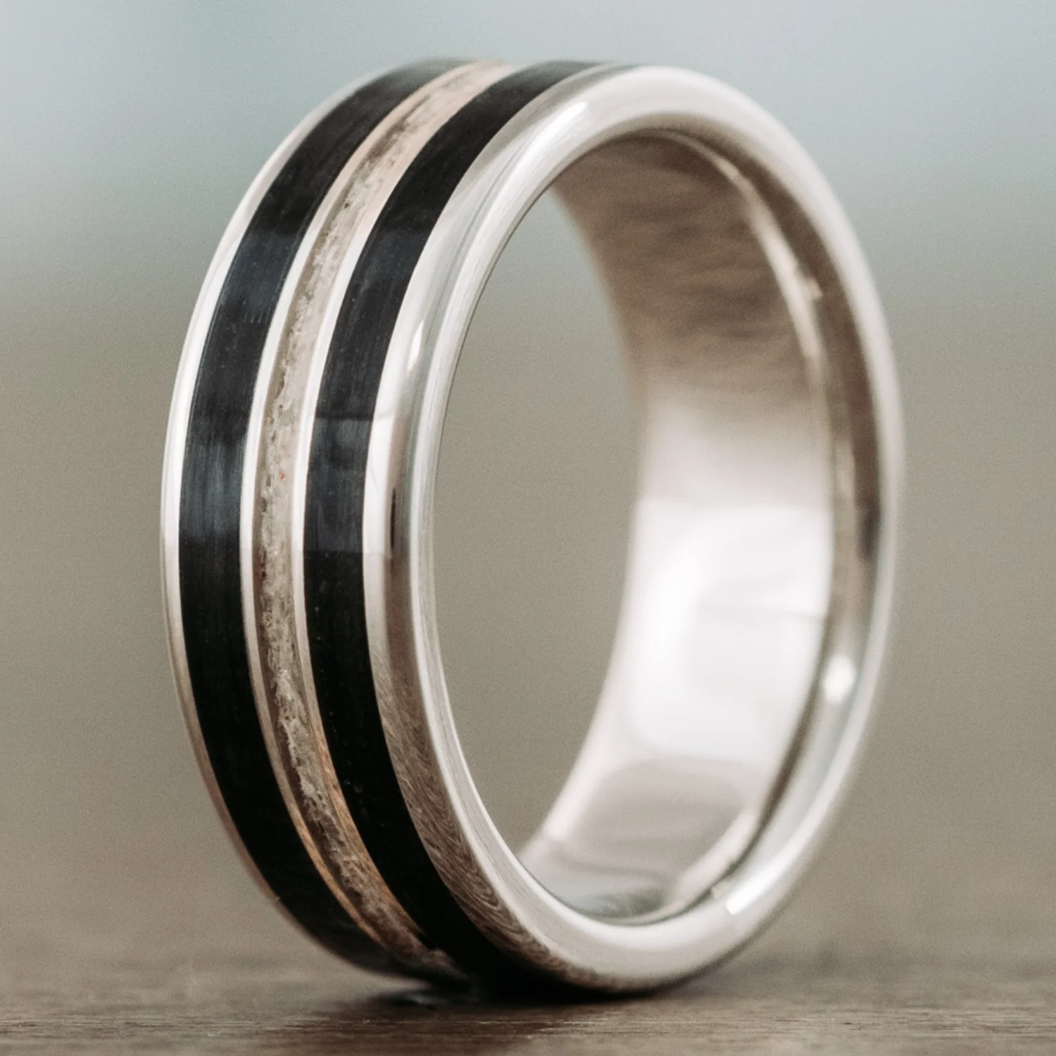 The Frontiersman | Men's Gold Wedding Band with Black Whiskey Barrel Wood & Elk Antler - Image 8