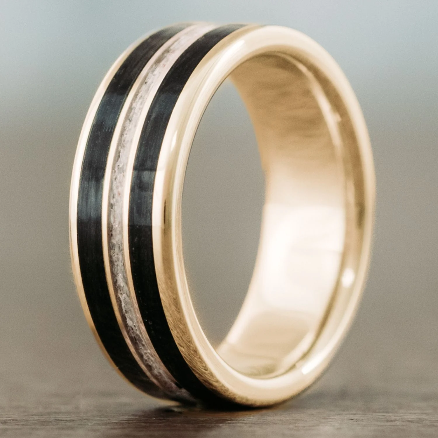 The Frontiersman | Men's Gold Wedding Band with Black Whiskey Barrel Wood & Elk Antler - Image 9