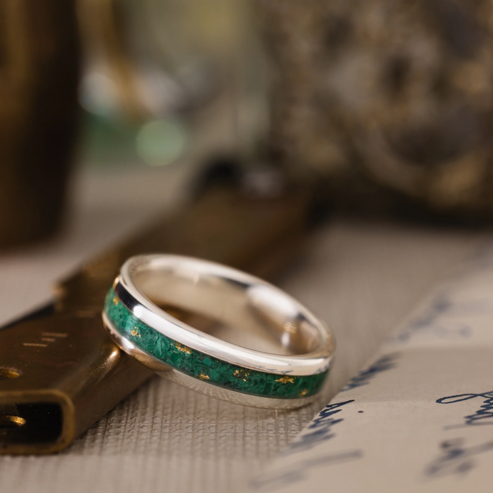 (In-Stock) Custom Malachite Sterling Silver Ring with Gold Flakes - Size 7.25 | 5mm Wide - Image 3