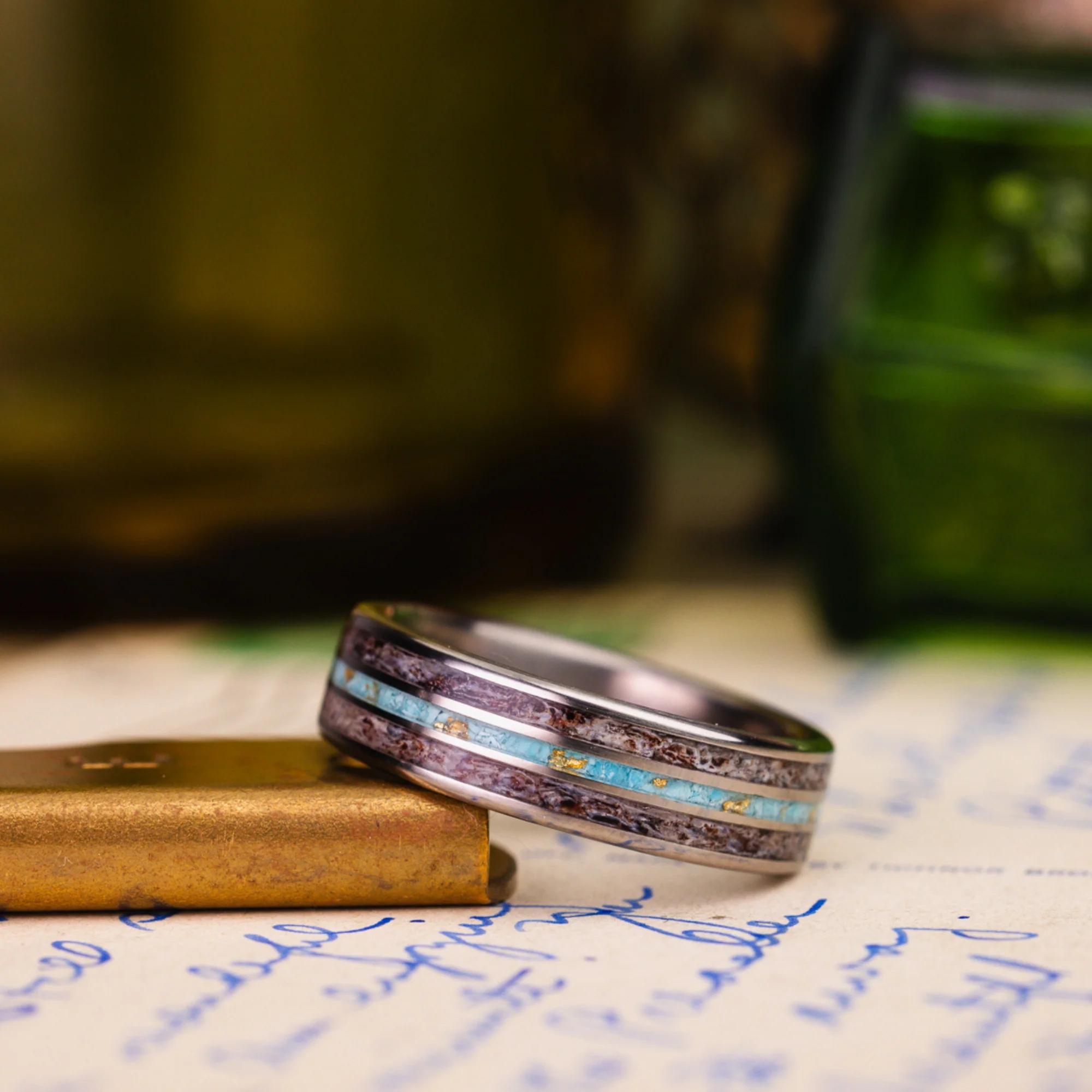 (In-Stock) Custom Men's Titanium Ring with Elk Antler, Turquoise & Gold Flakes - Size 8.75 | 6mm Wide - Image 3