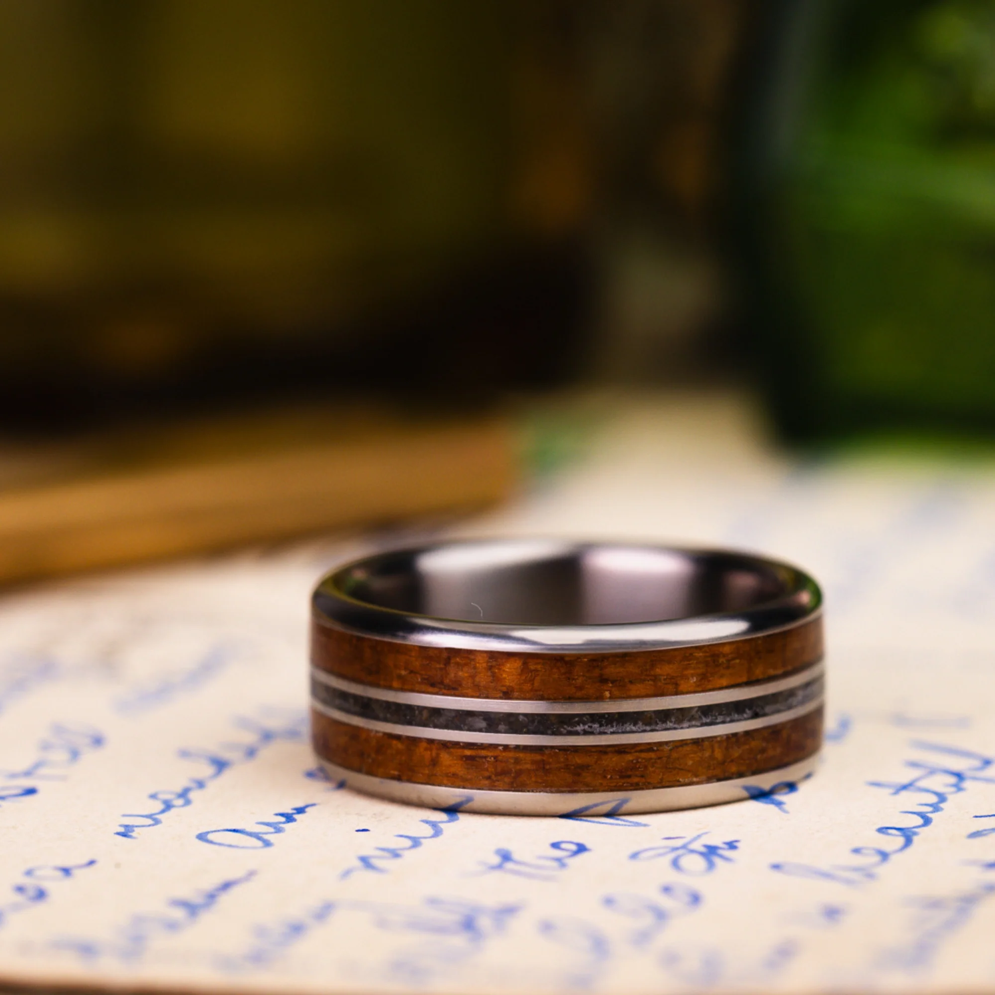 (In-Stock) Custom Men's Titanium Ring with Megalodon and USS California Wood - Size 8.5 | 8mm Wide - Image 3