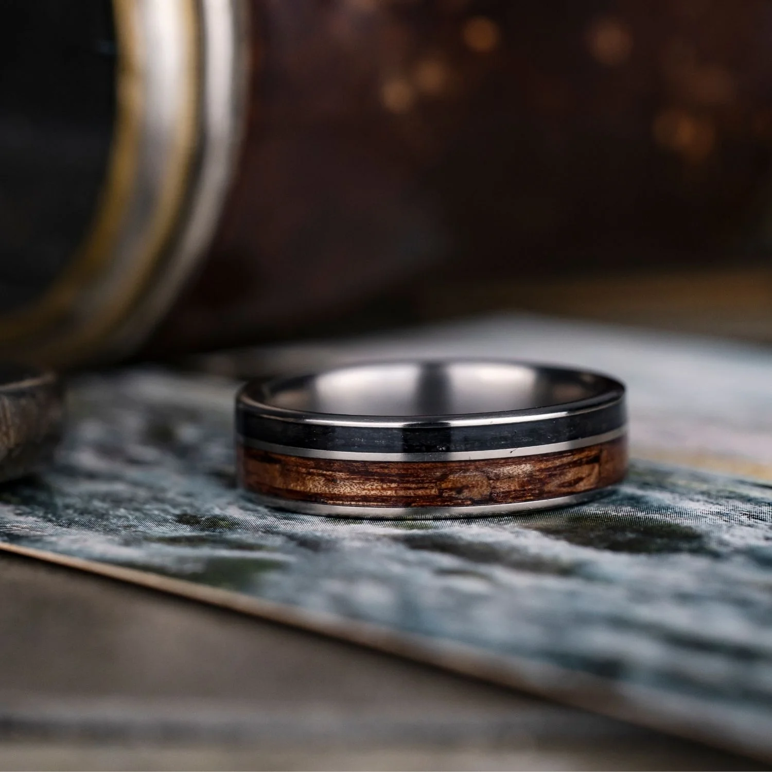 (In-Stock) Custom Men's Titanium Ring with Weathered Whiskey Barrel and Koa Wood - Size 13.75 | 7mm Wide - Image 3