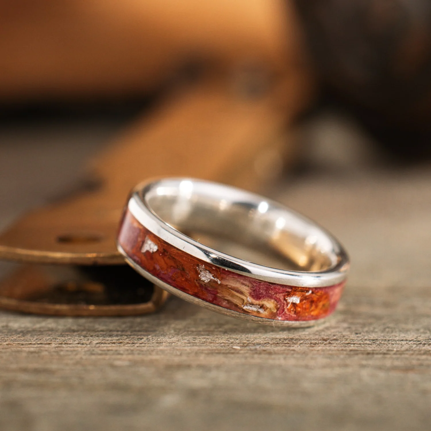 (In-Stock) Custom Silver Ring with Orange Lilies, Pink Peonies & Silver Flakes - Size 5 | 5mm Wide - Image 3