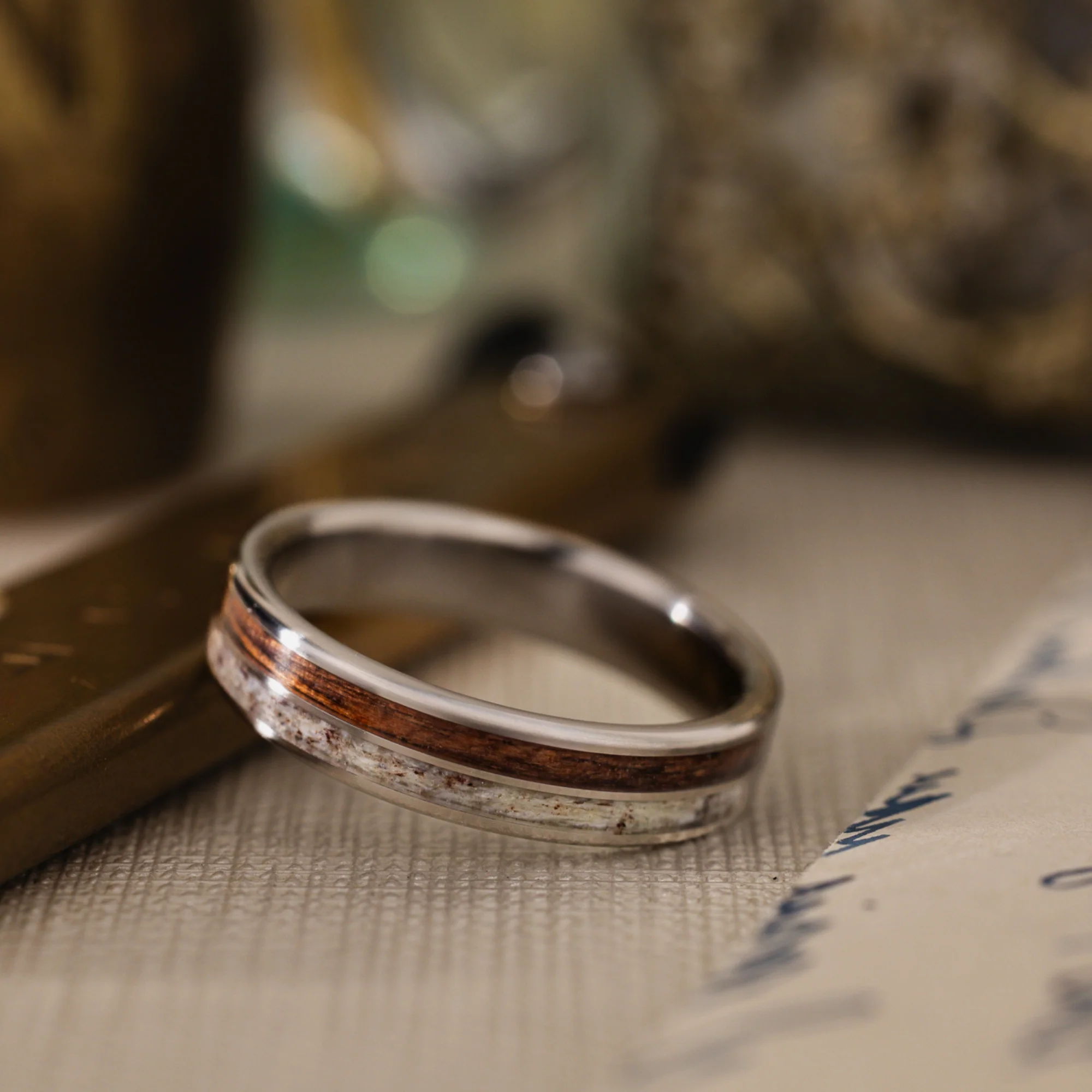 (In-Stock) Custom Titanium Wedding Band with Elk Antler & Rifle Stock - Size 10.5 | 5mm Wide - Image 3
