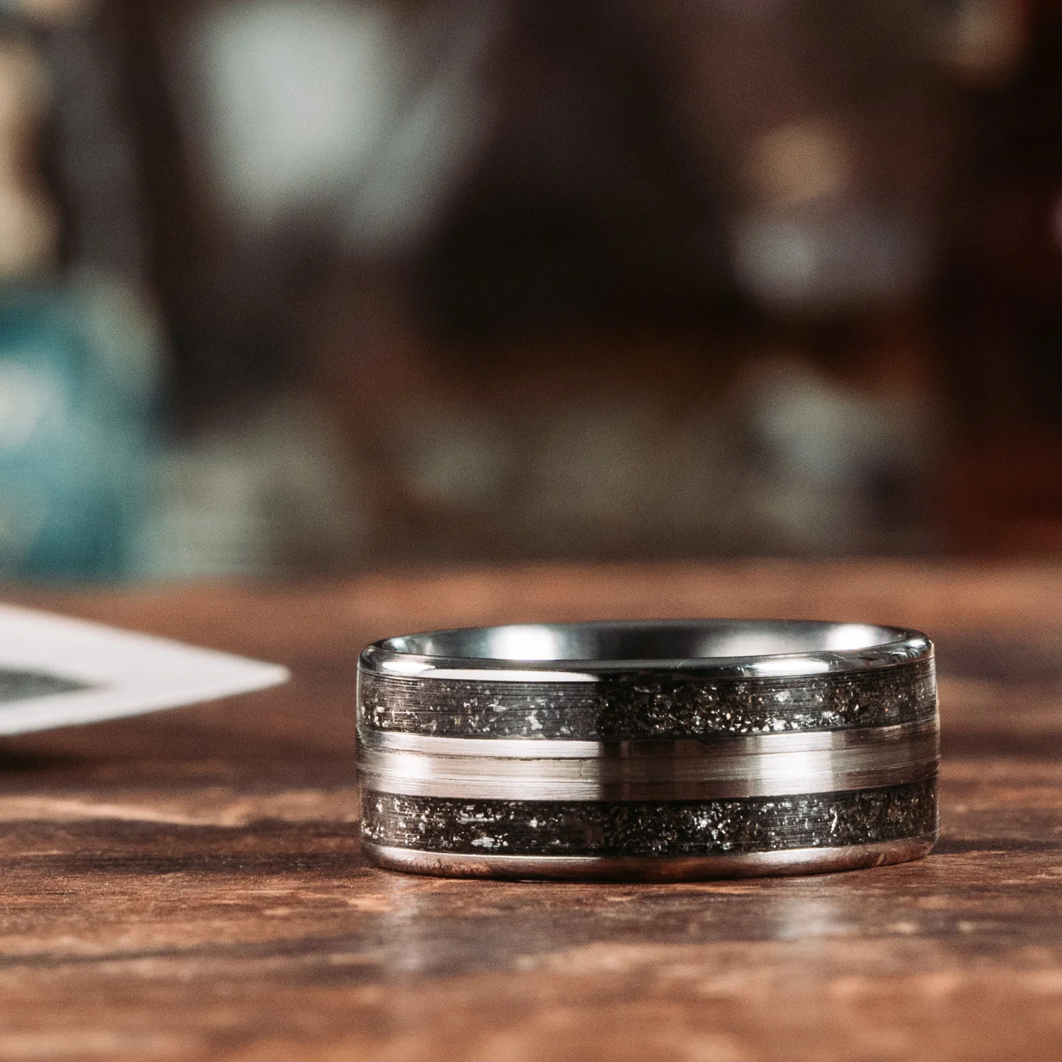 (In-Stock) The Eclipse - Titanium & Meteorite Ring with 14k White Gold Inlay - Size 6.75/8mm Wide - Image 3