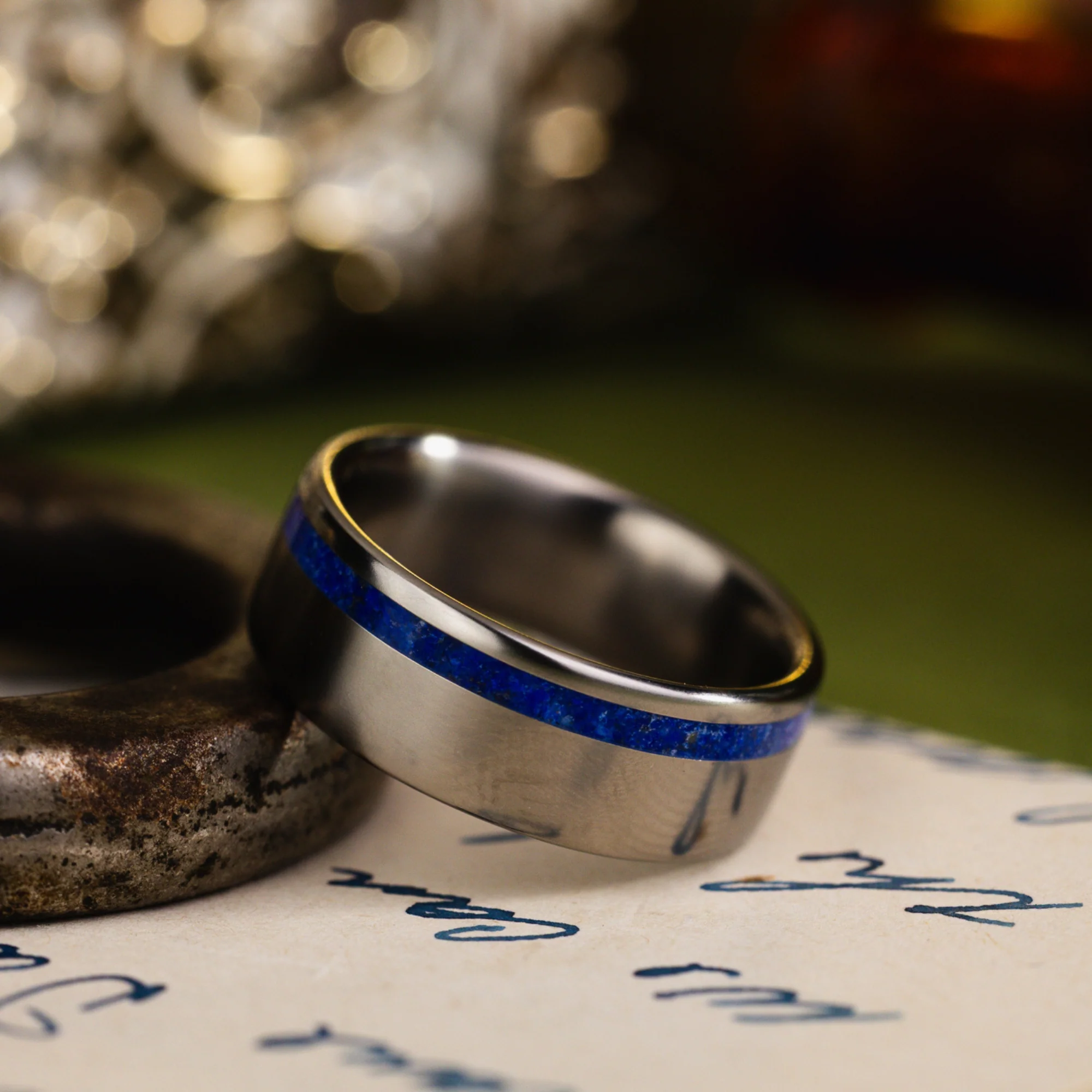 (In-Stock) Custom Titanium Wedding Band with Offset Lapis Lazuli - Size 6.75 | 7mm Wide - Image 3