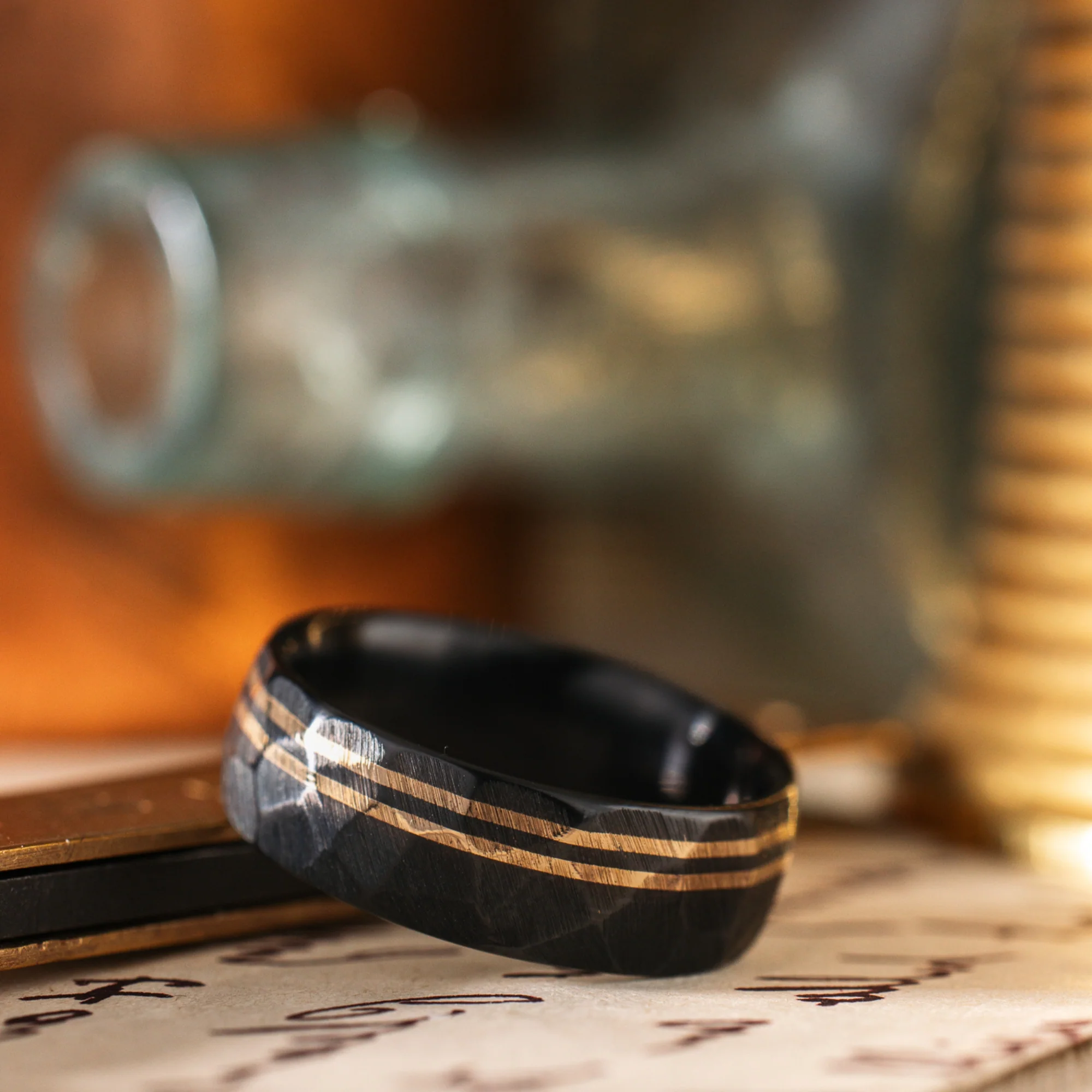 (In-Stock) The Apollo Titan Noir | Men's Hammered Black Titanium Wedding Band with Dual Offset 14K Yellow Gold Inlays - Size 12.5 | 8mm Wide - Image 3