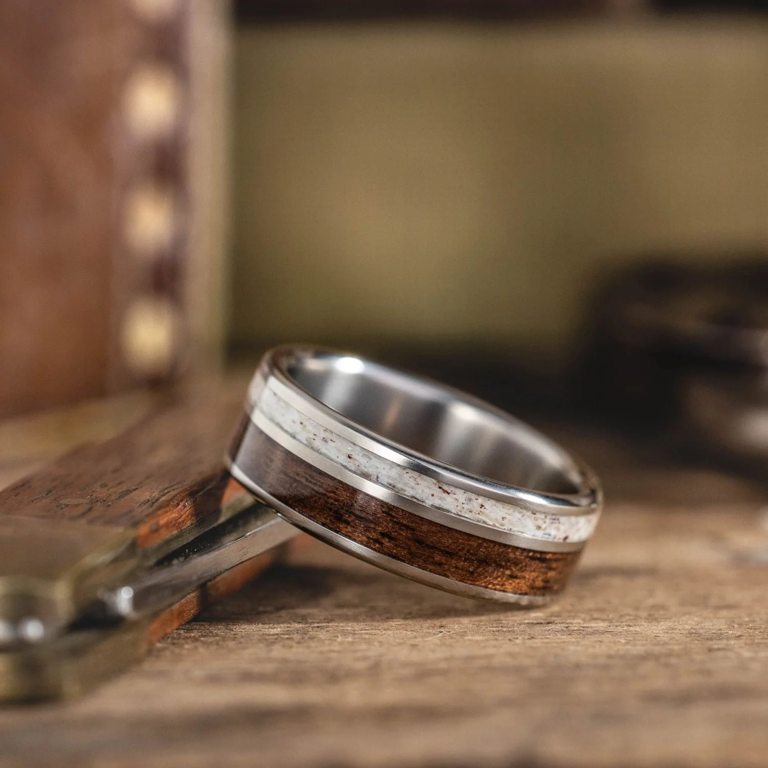 (In-Stock) The High Country | Men's Antique Walnut, Elk Antler, & Titanium Wedding Band - Size 10.75 | 8mm - Image 3