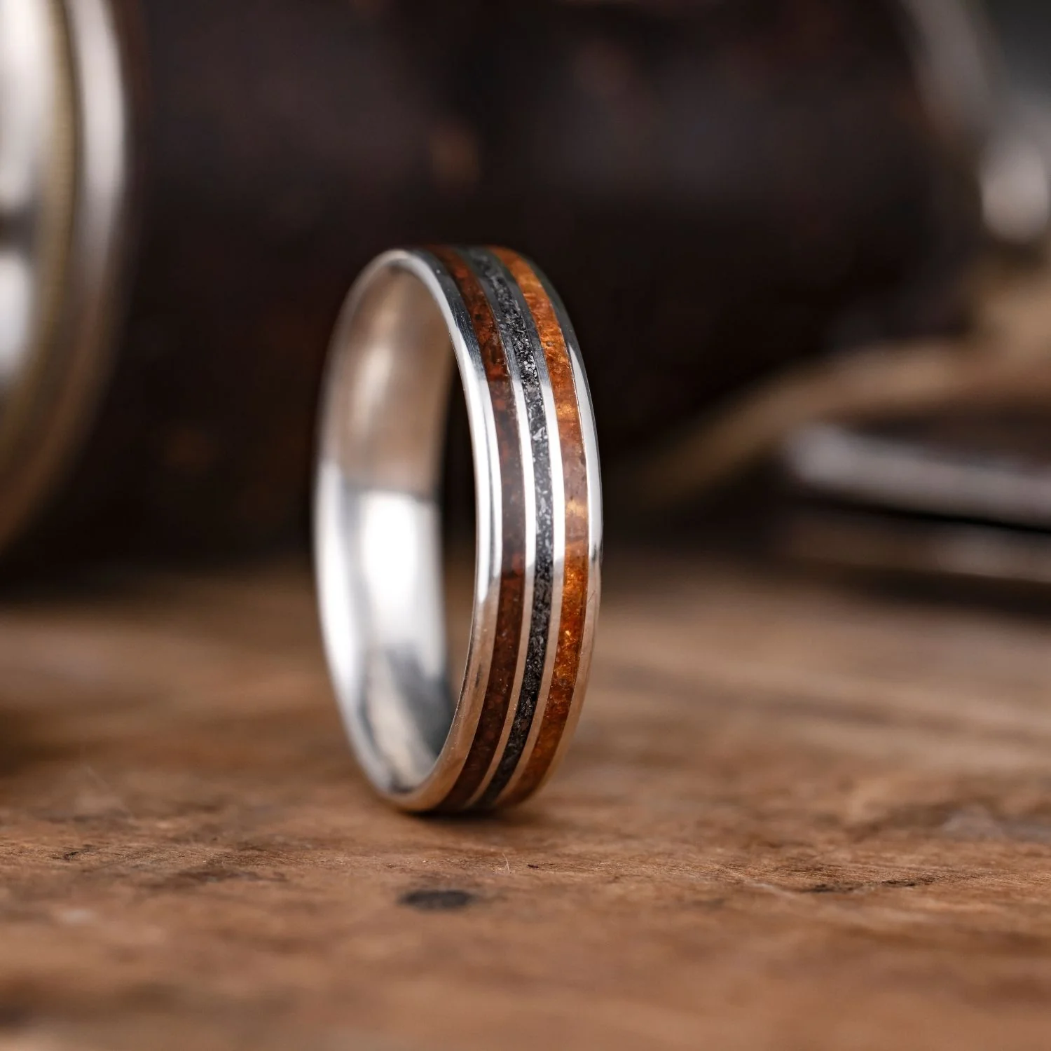 (In-Stock) The Jurassic in Silver | Men's Silver Wedding Band with Dinosaur Bone, Meteorite & Fossilized Amber - Size 14.5 | 6mm Wide - Image 4