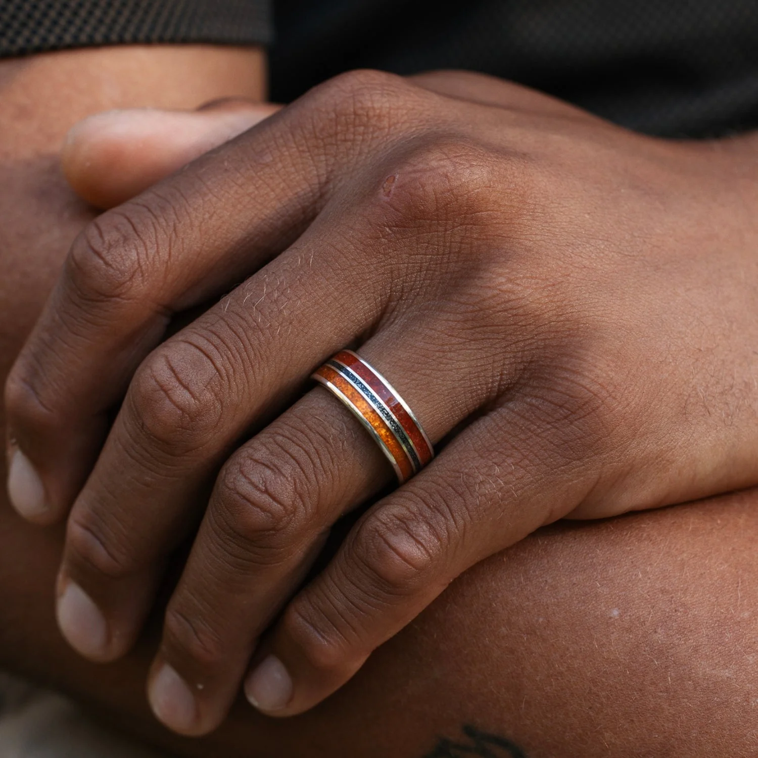 (In-Stock) The Jurassic in Silver | Men's Silver Wedding Band with Dinosaur Bone, Meteorite & Fossilized Amber - Size 14.5 | 6mm Wide - Image 5
