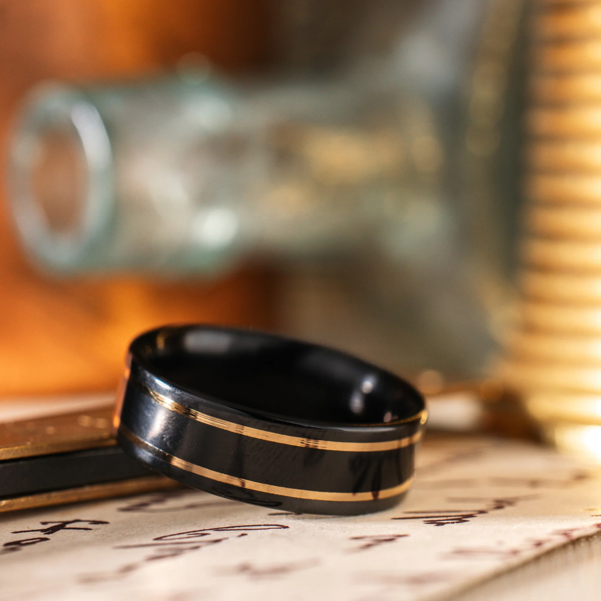 (In-Stock) The Renegade Noir | Men's Black Titanium Wedding Band with Dual Outer 14k Yellow Gold Inlays - Size 12.5 | 8mm Wide - Image 3