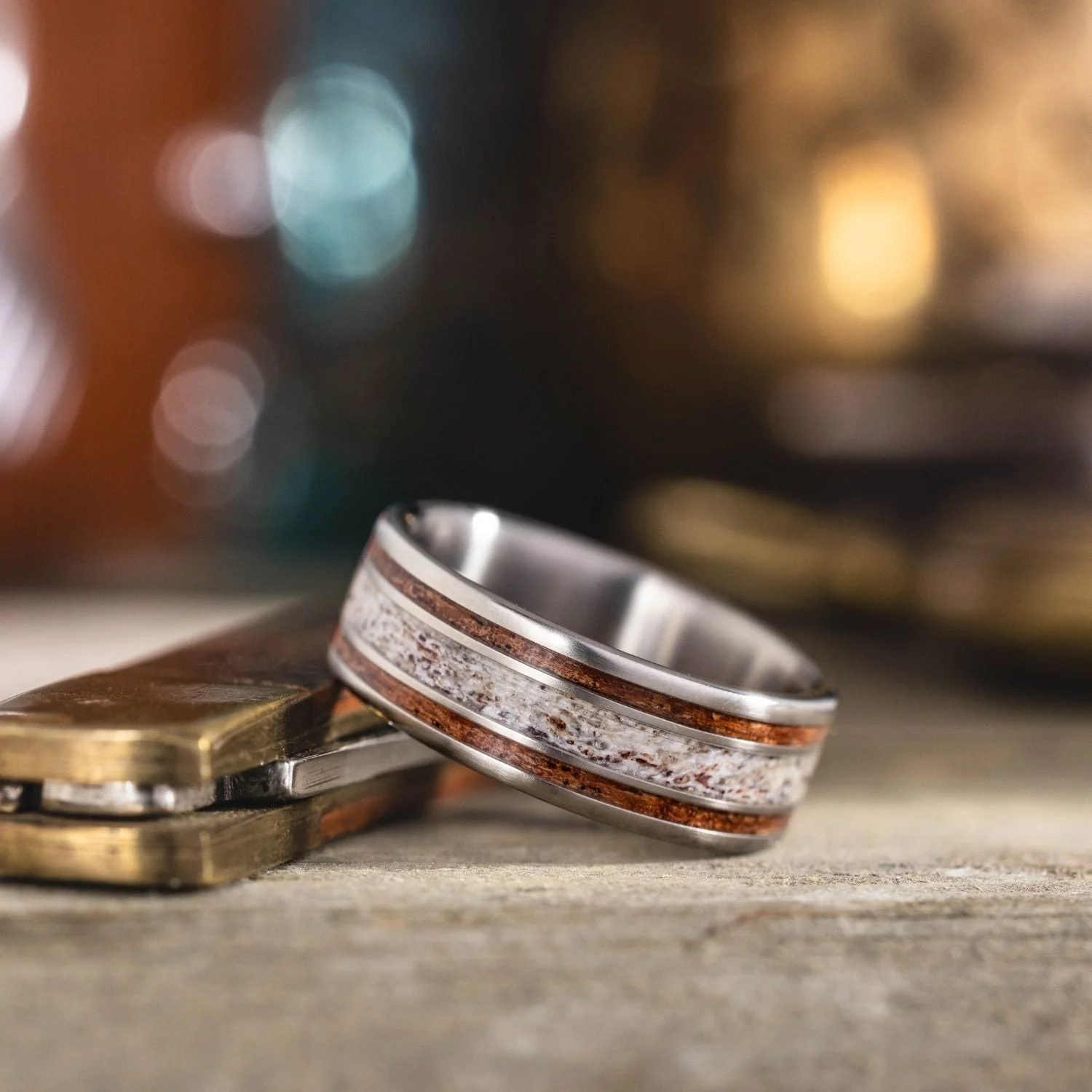 (In-Stock) The Stag | Men's Elk Antler and Walnut Wood Titanium Wedding Band Wide Channel - Size 10.75 | 8mm Wide - Image 3