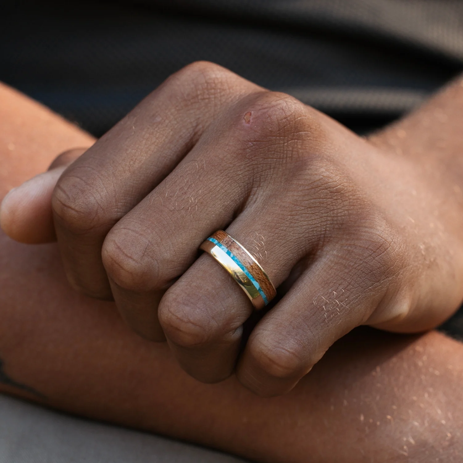 The Reeves | Men's Gold Wedding Band with Turquoise & Mesquite Wood - Image 4
