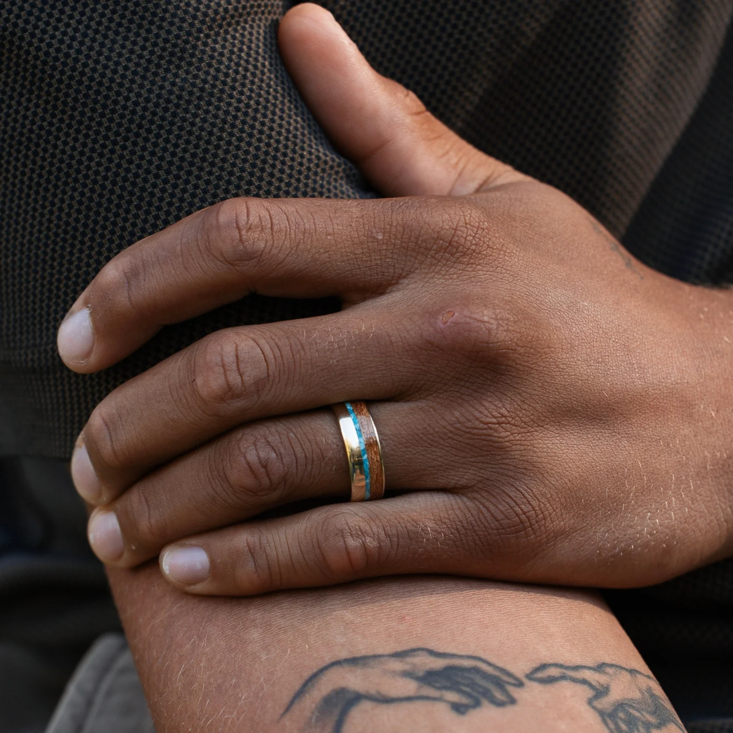 The Reeves | Men's Gold Wedding Band with Turquoise & Mesquite Wood - Image 5