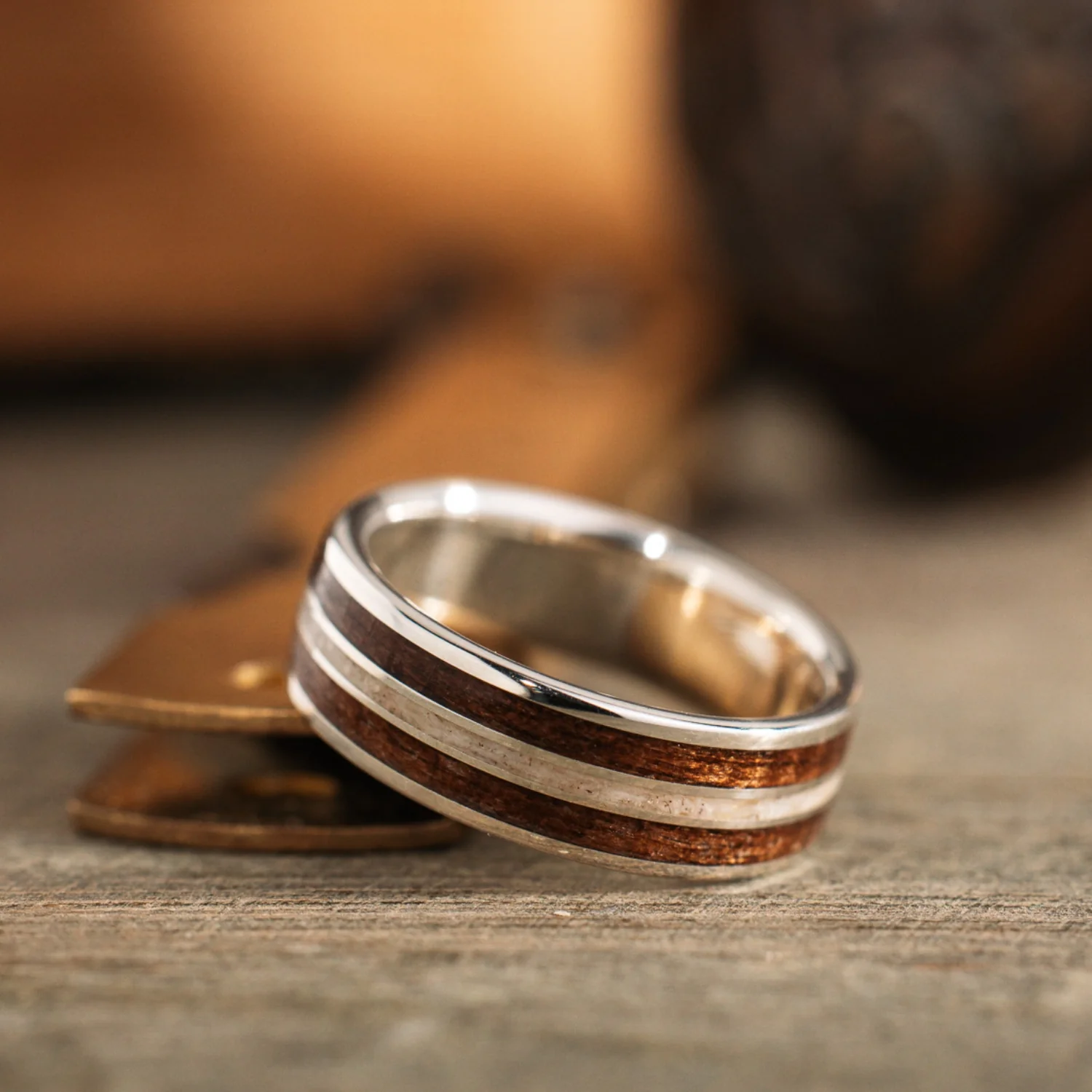 (In-Stock) The Stag in Silver |  Silver Elk Antler Wedding Band with Walnut Wood - Size 7 | 6mm Wide - Image 3