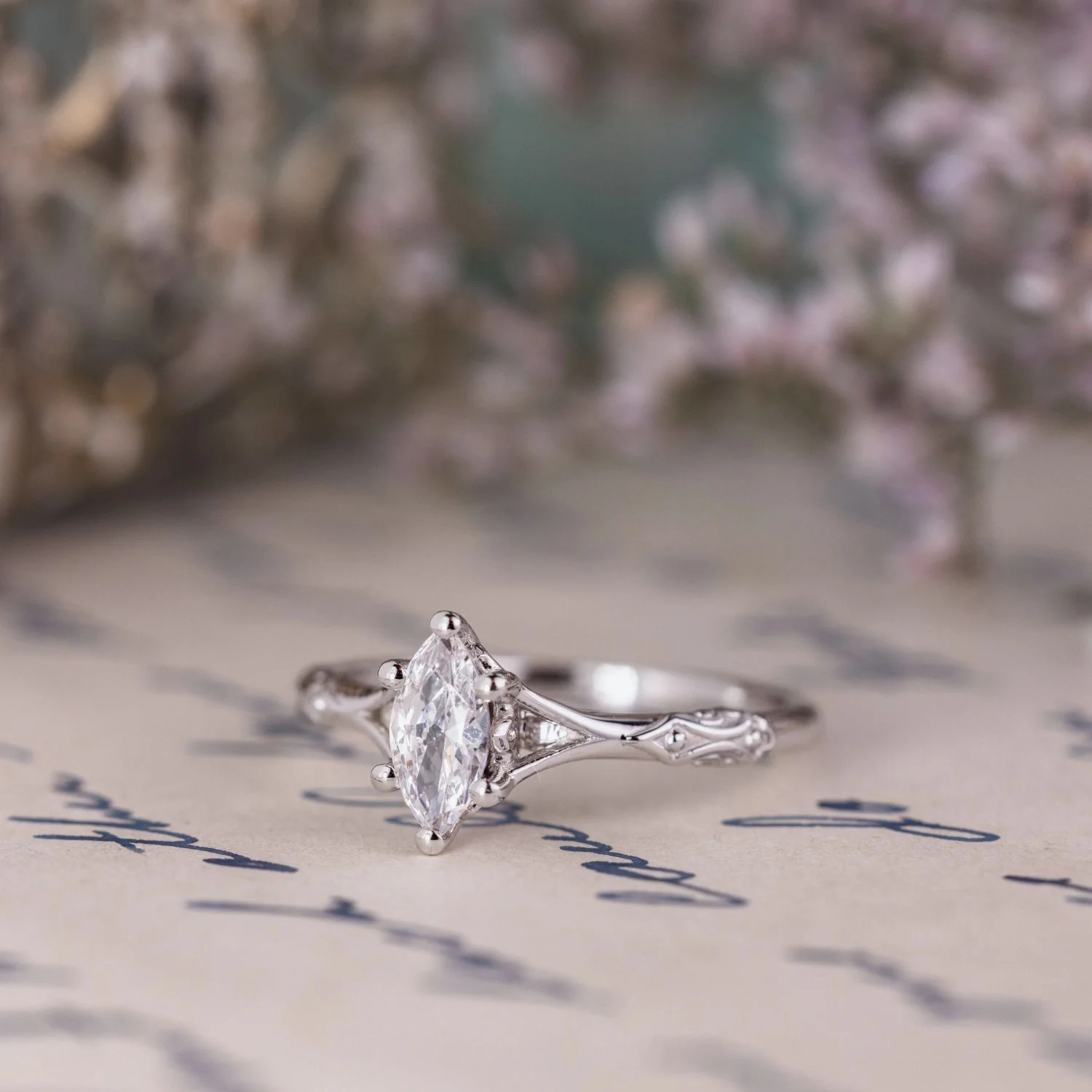 The Amdir - Marquise Diamond Engagement Ring with Delicate Filigree Accents - Image 10