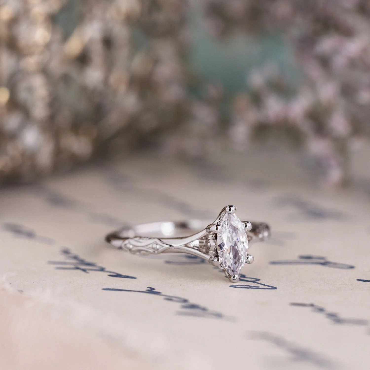 The Amdir - Marquise Diamond Engagement Ring with Delicate Filigree Accents - Image 12