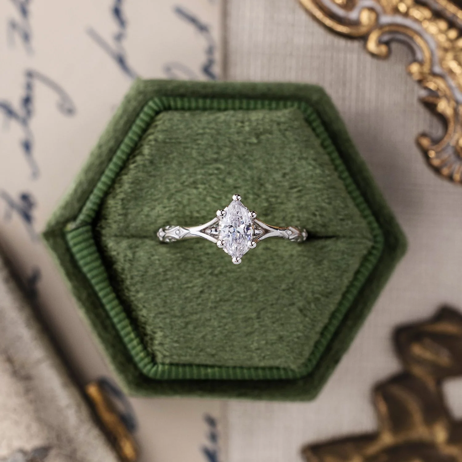 The Amdir - Marquise Diamond Engagement Ring with Delicate Filigree Accents - Image 16