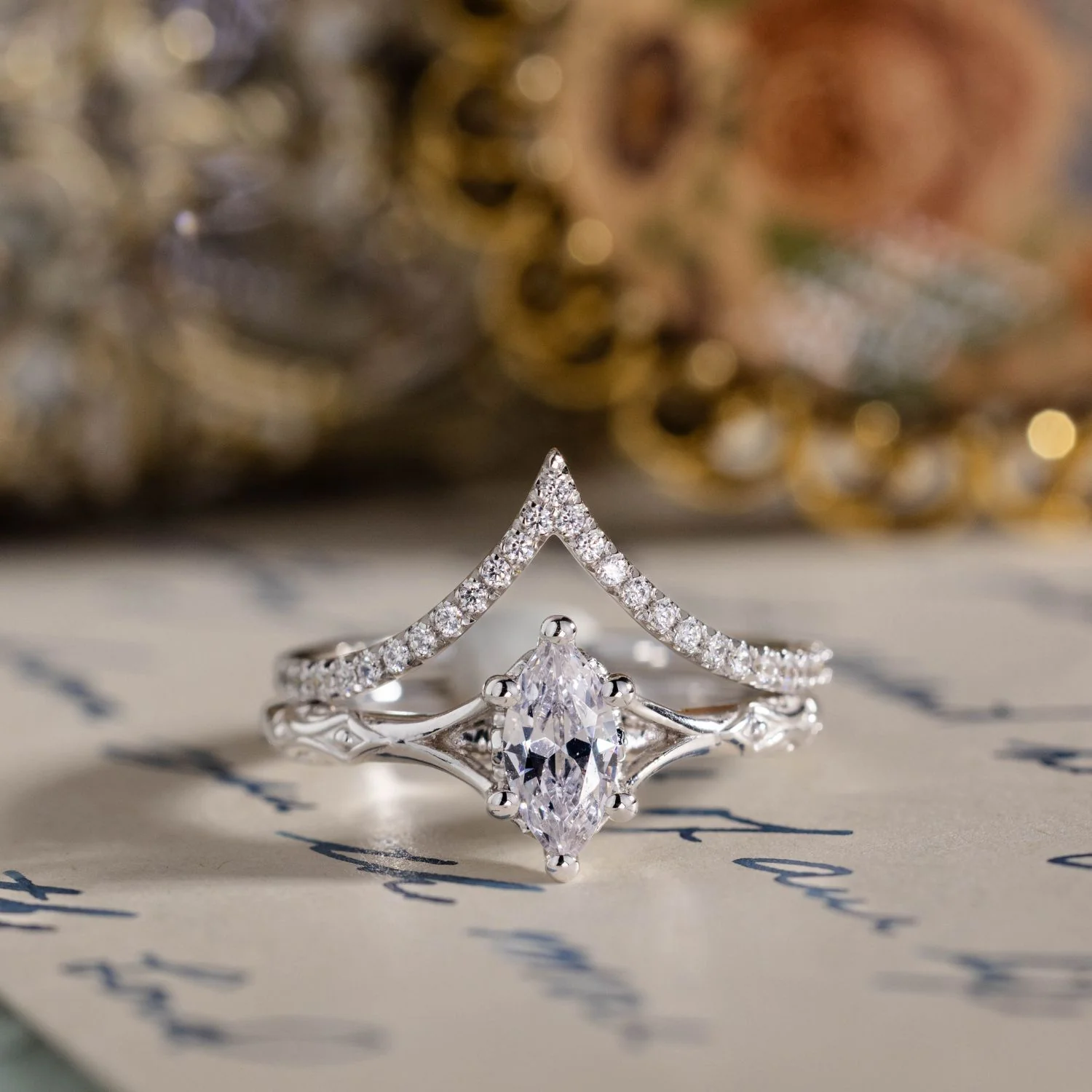 The Amdir - Marquise Diamond Engagement Ring with Delicate Filigree Accents - Image 4