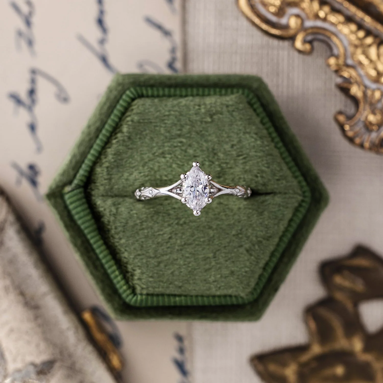 The Amdir - Marquise Diamond Engagement Ring with Delicate Filigree Accents - Image 7