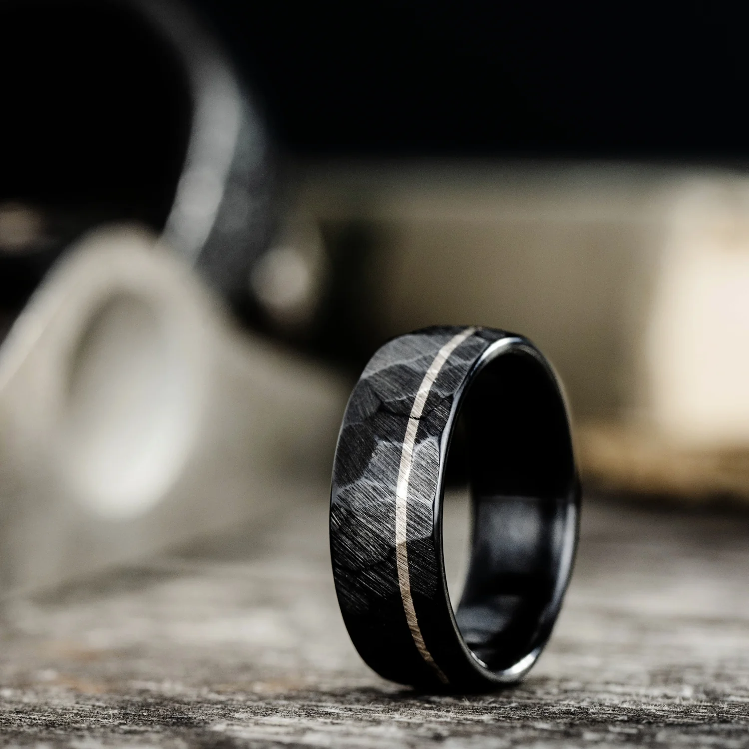The Apollo Noir | Men's Faceted Black Titanium Wedding Band with Offset Inlay - Image 3