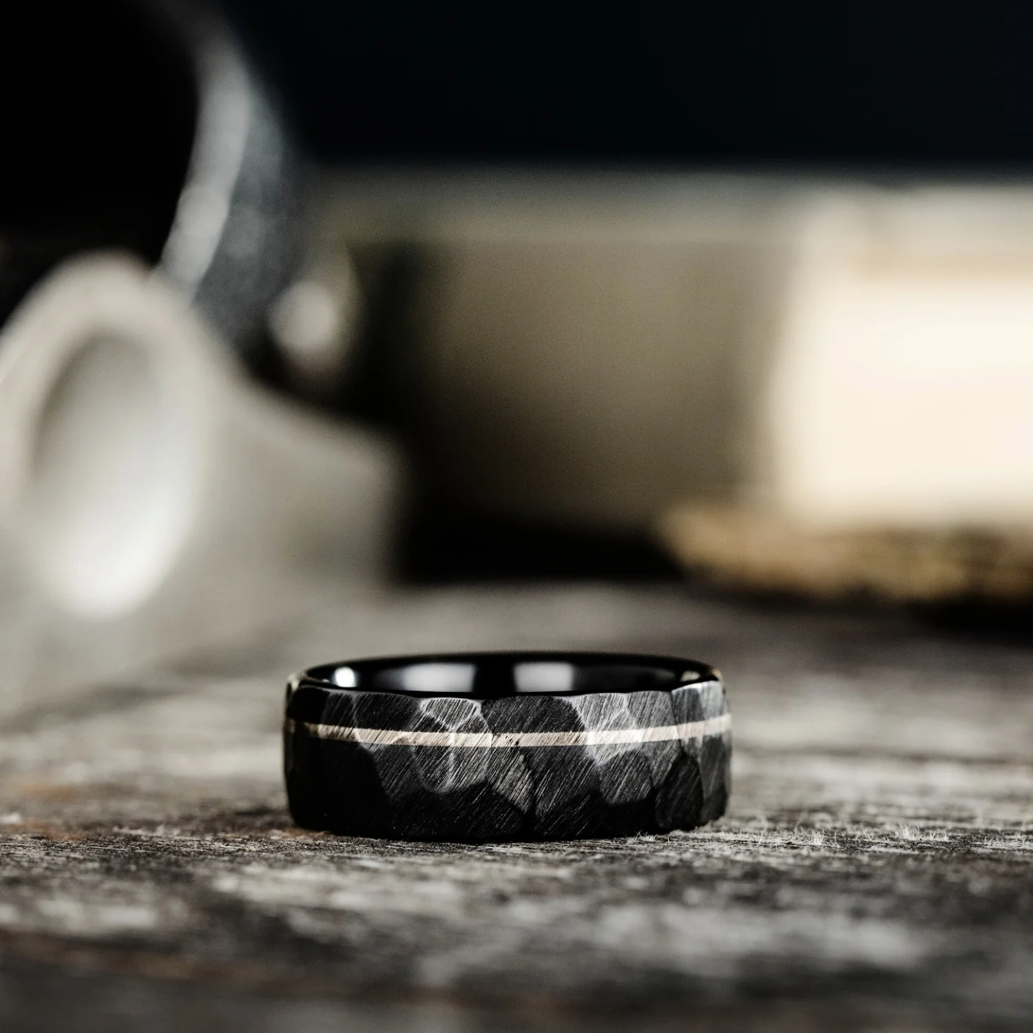The Apollo Noir | Men's Faceted Black Titanium Wedding Band with Offset Inlay - Image 4