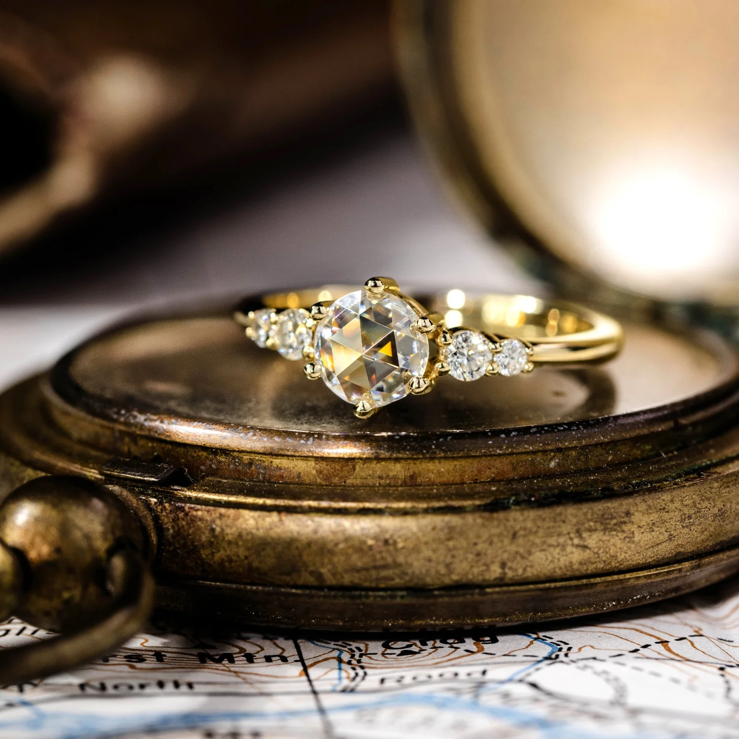 The Austen - Round Rose Cut Moissanite Engagement Ring with Moissanite Accent Stones - Image 11