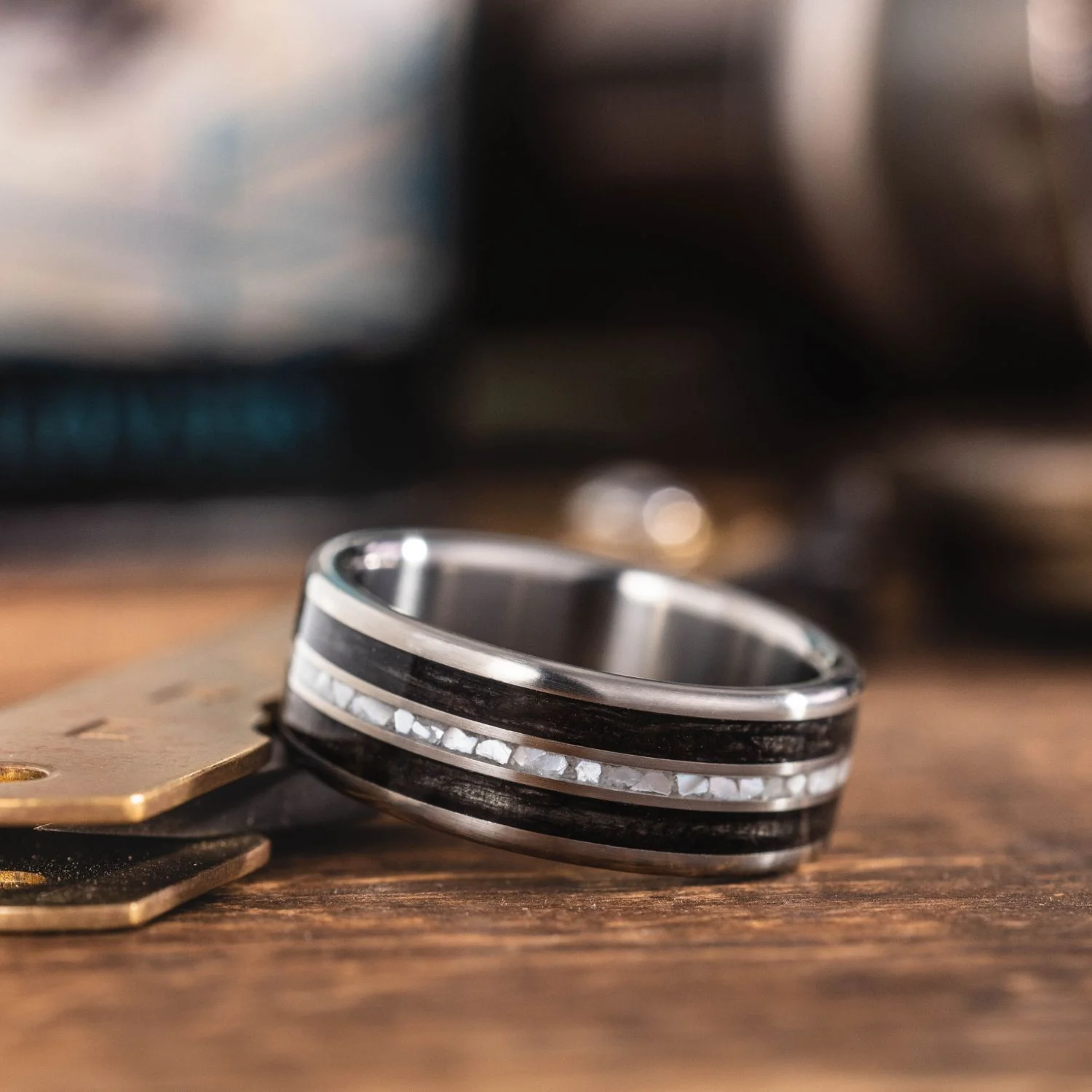 The Black Pearl | Men's Titanium Wedding Band with Whiskey Barrel Wood and Natural Pearl Inlays - Image 3