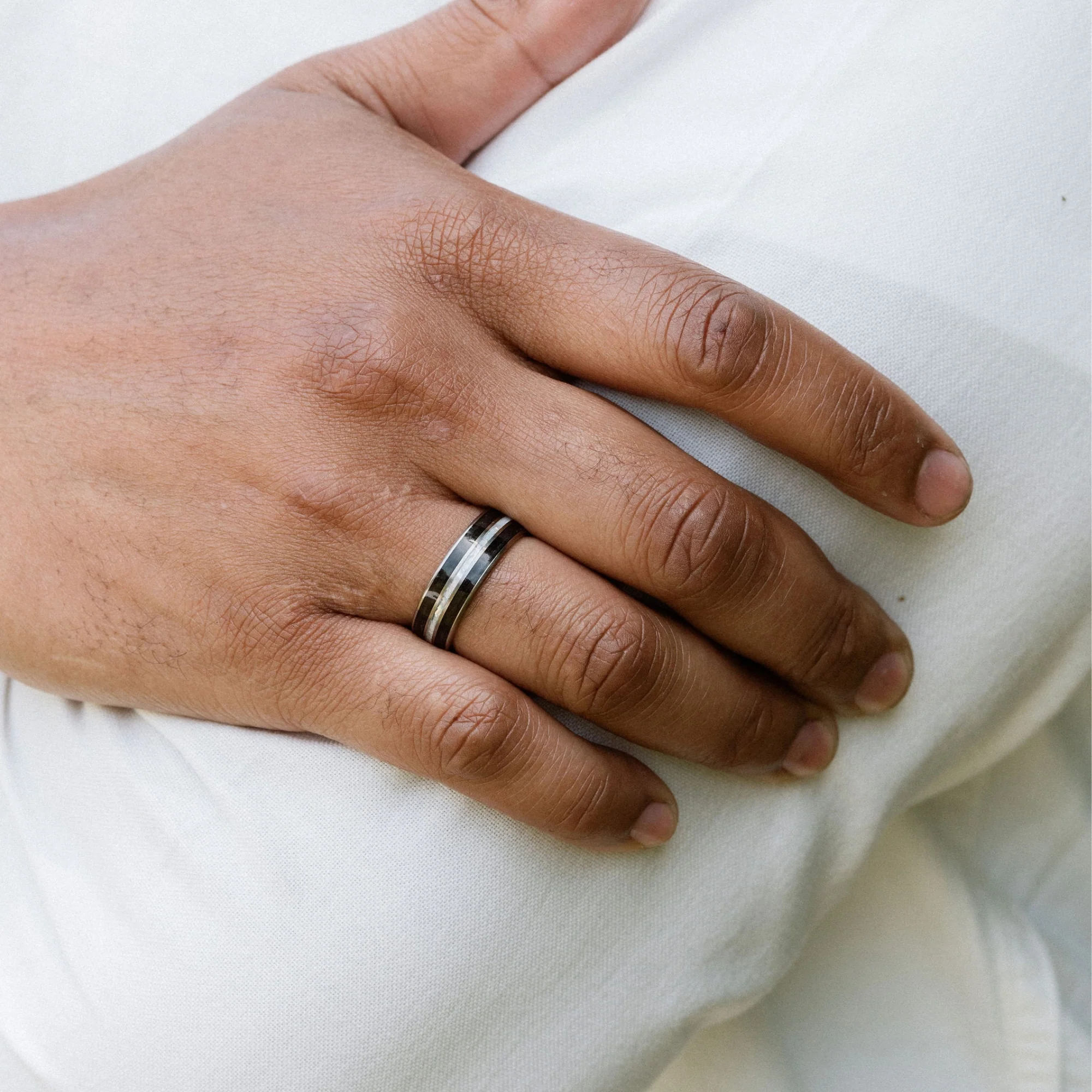 The Black Pearl | Men's Titanium Wedding Band with Whiskey Barrel Wood and Natural Pearl Inlays - Image 4