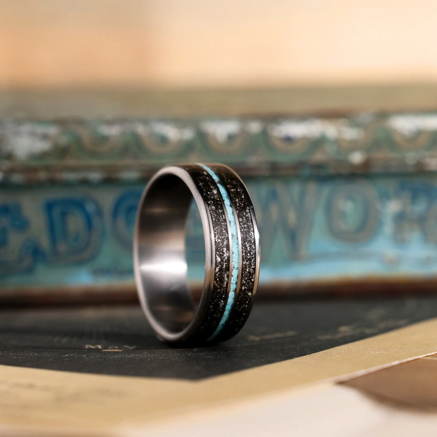 The Black Sky | Men's Meteorite & Turquoise Titanium Wedding Band - Image 3