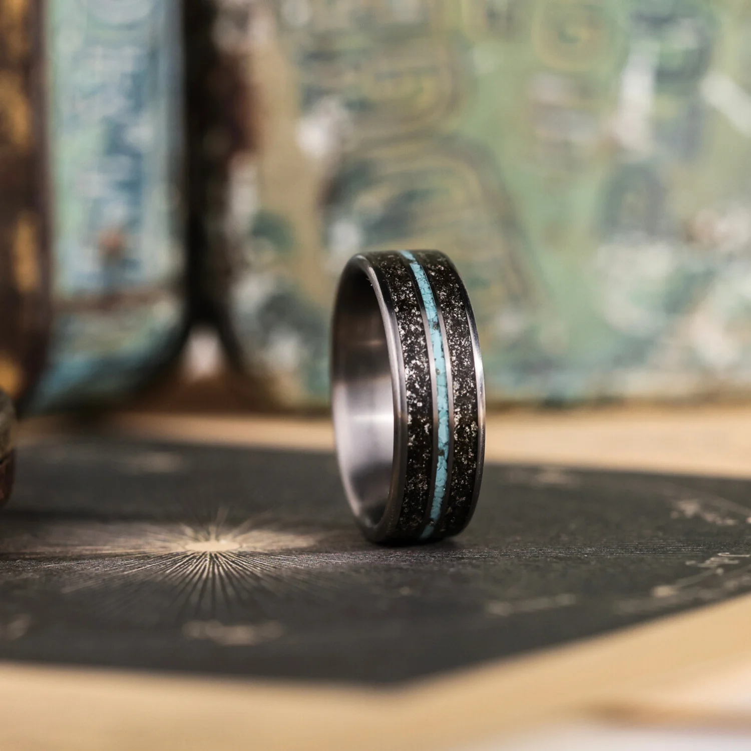 The Black Sky | Men's Meteorite & Turquoise Titanium Wedding Band - Image 4