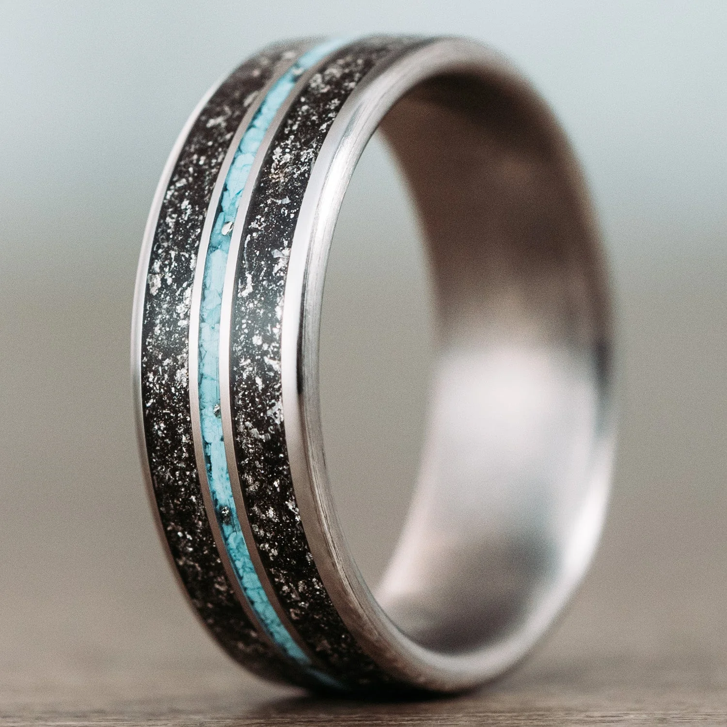 The Black Sky | Men's Meteorite & Turquoise Titanium Wedding Band - Image 5