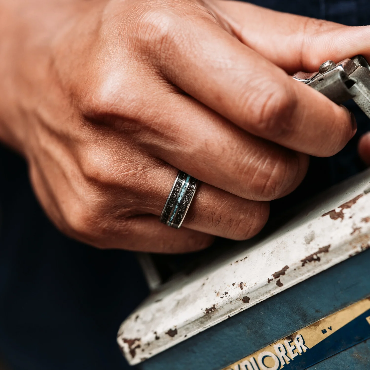 The Black Sky | Men's Meteorite & Turquoise Titanium Wedding Band - Image 6
