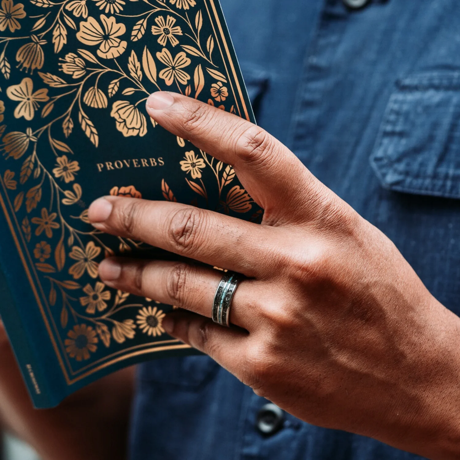 The Black Sky | Men's Meteorite & Turquoise Titanium Wedding Band - Image 7