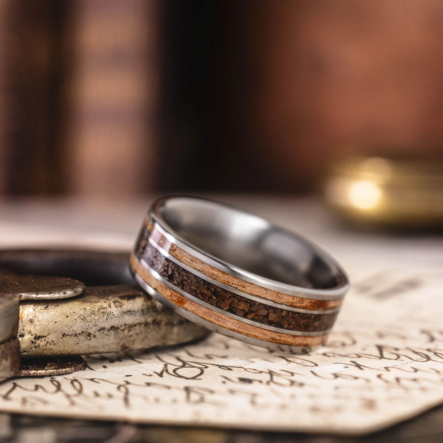 The Campfire | Men's Titanium Wedding Band with Mesquite Wood & Coffee - Image 3