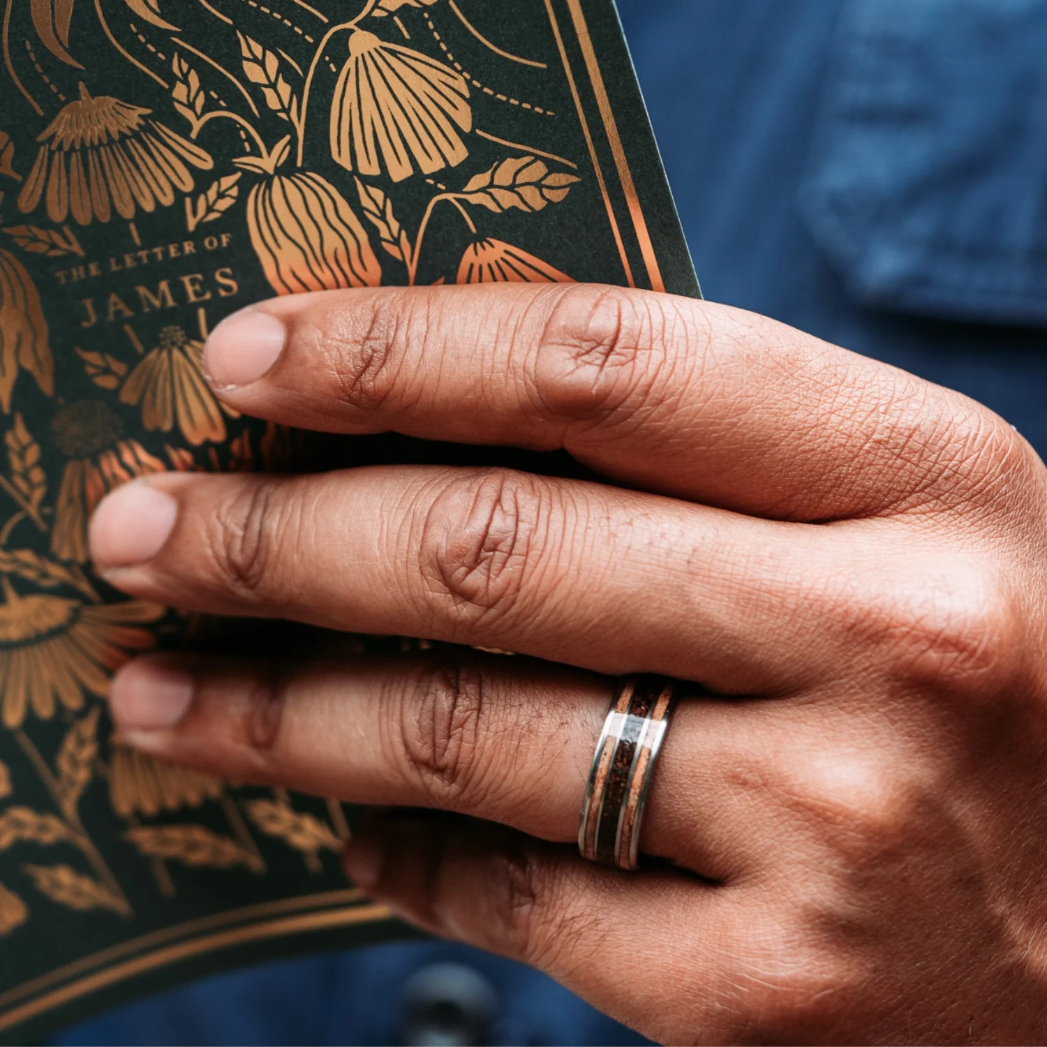 The Campfire | Men's Titanium Wedding Band with Mesquite Wood & Coffee - Image 4