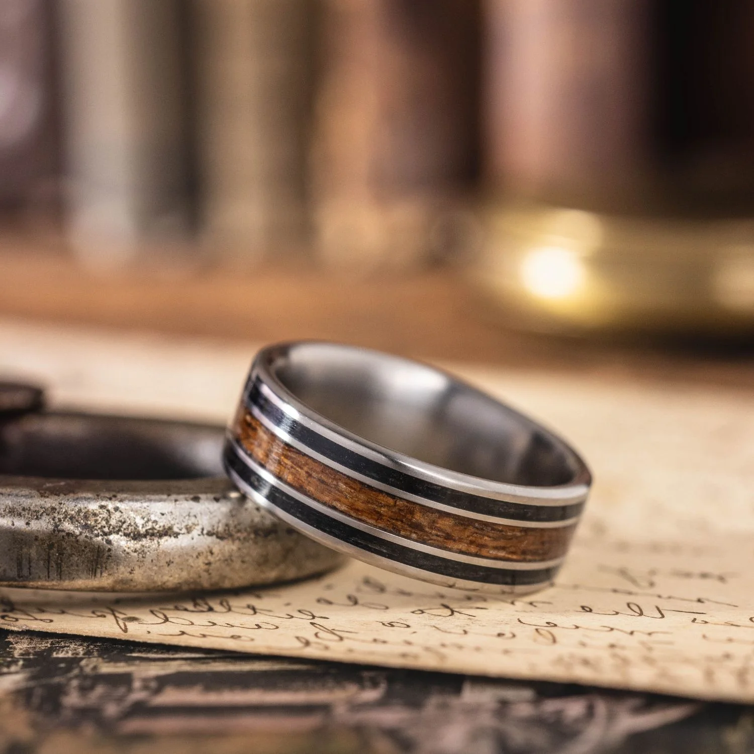 The Captain | Men's Titanium Wedding Band with Whiskey Barrel and Teak Wood Inlays - Image 3