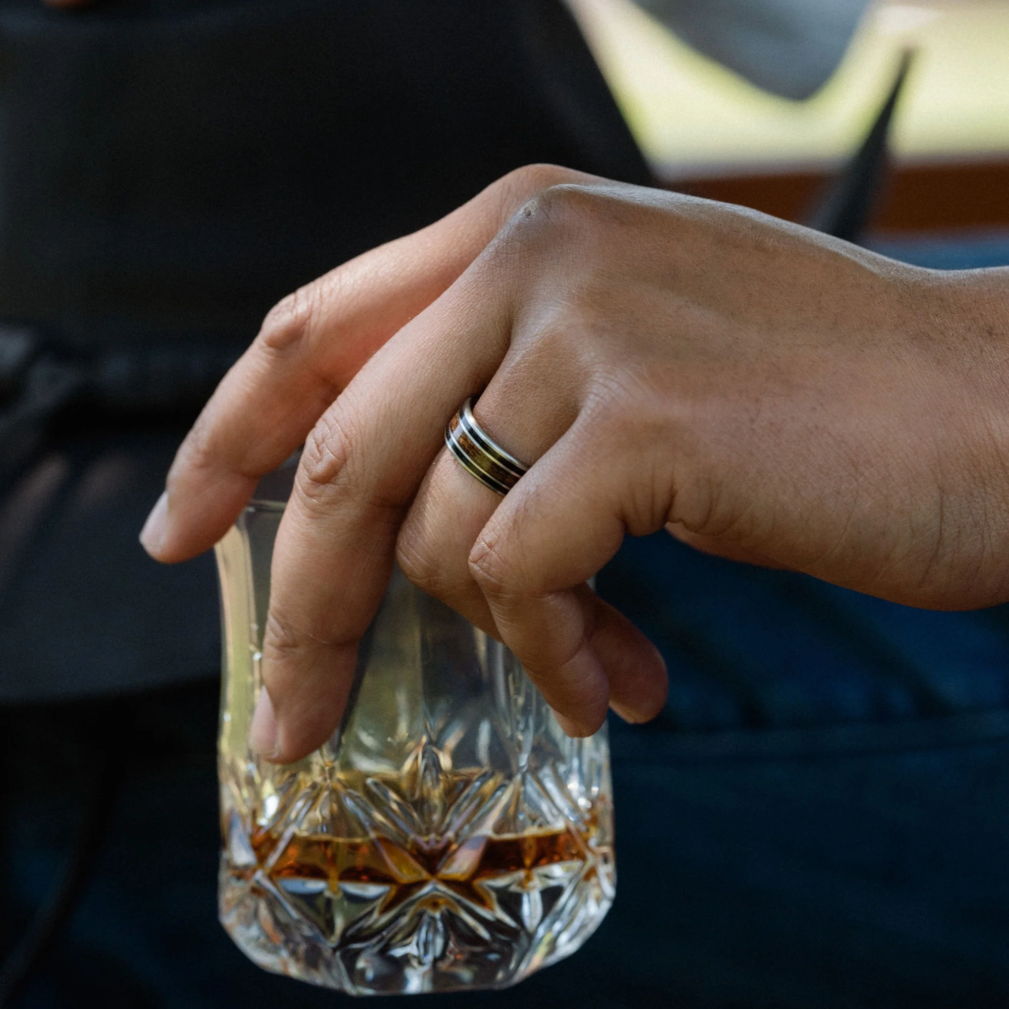 The Captain | Men's Titanium Wedding Band with Whiskey Barrel and Teak Wood Inlays - Image 4