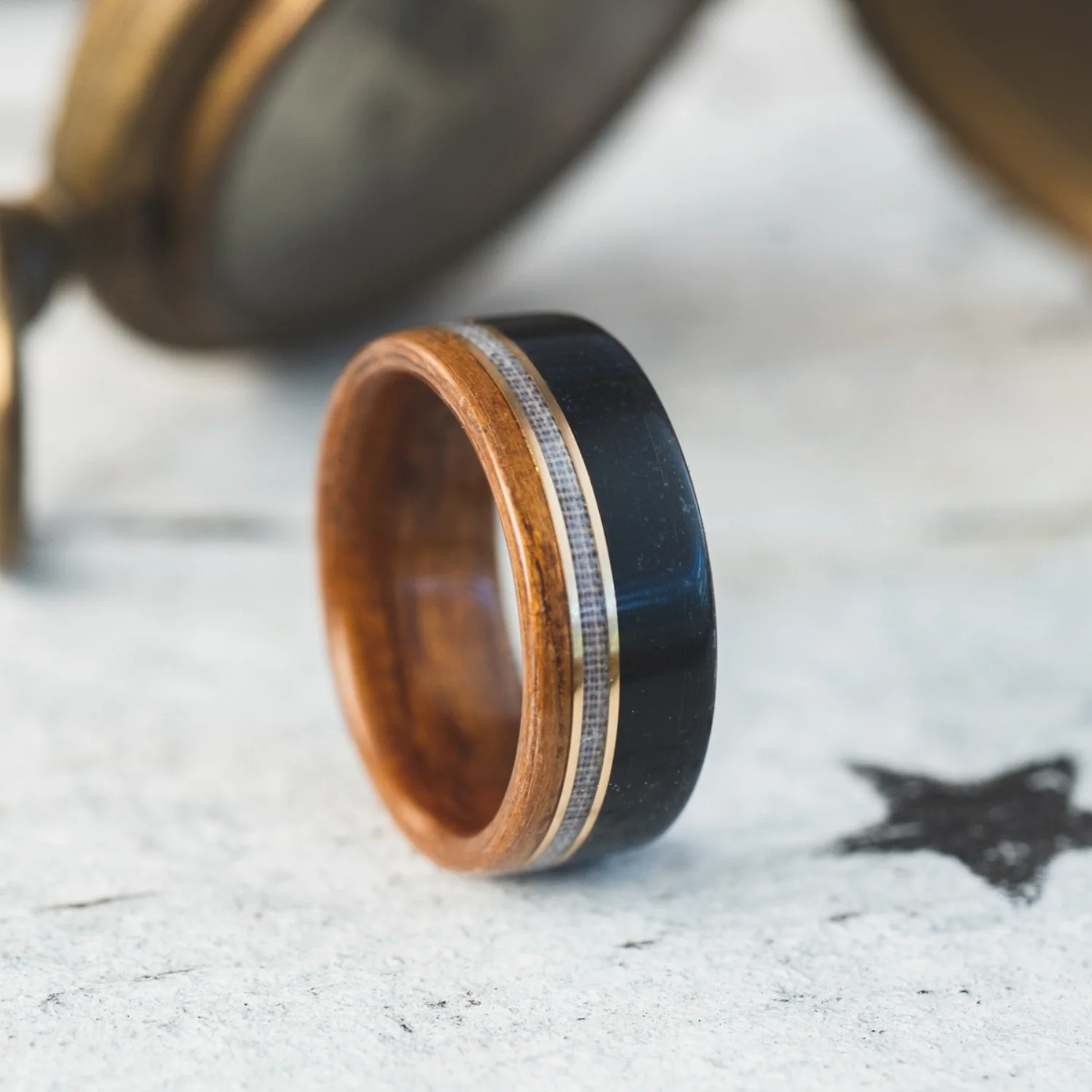 The Coast Guard | Men's Teak Wood Wedding Band with Coast Guard Uniform & Dual Metal Inlays - Image 3