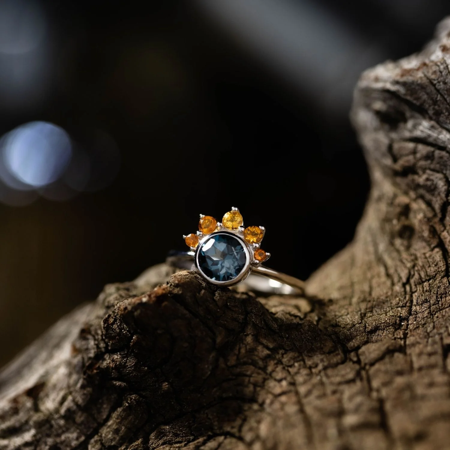 The Cosset - London Blue Topaz Engagement Ring with Citrine Crown Accent & Bezel Setting - Image 11