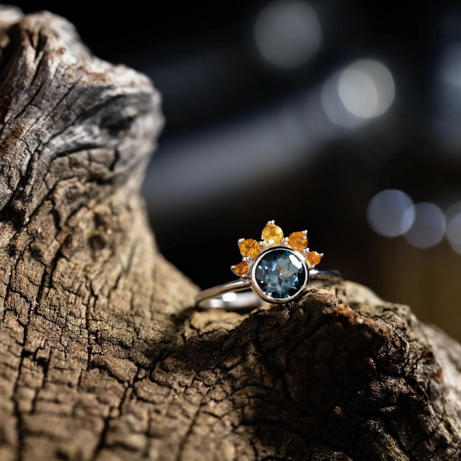 The Cosset - London Blue Topaz Engagement Ring with Citrine Crown Accent & Bezel Setting - Image 13
