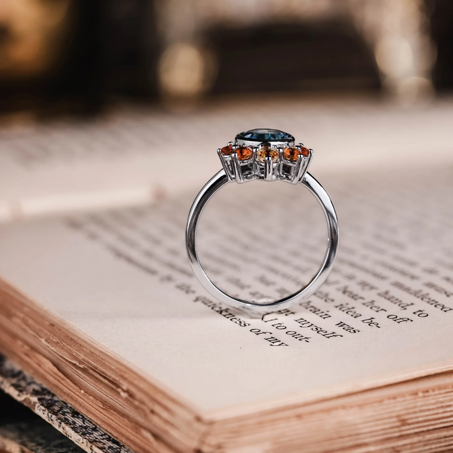 The Cosset - London Blue Topaz Engagement Ring with Citrine Crown Accent & Bezel Setting - Image 16