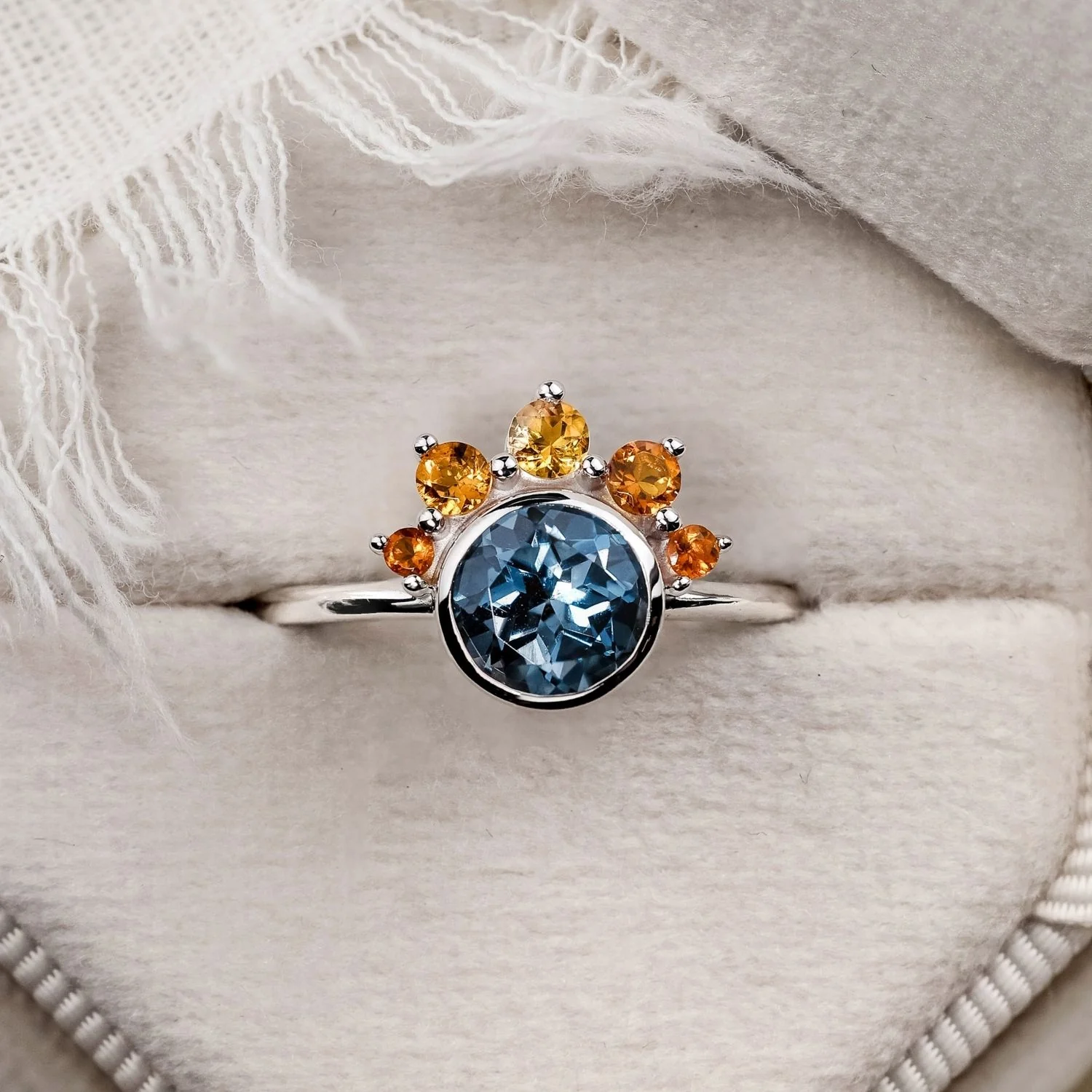 The Cosset - London Blue Topaz Engagement Ring with Citrine Crown Accent & Bezel Setting - Image 3