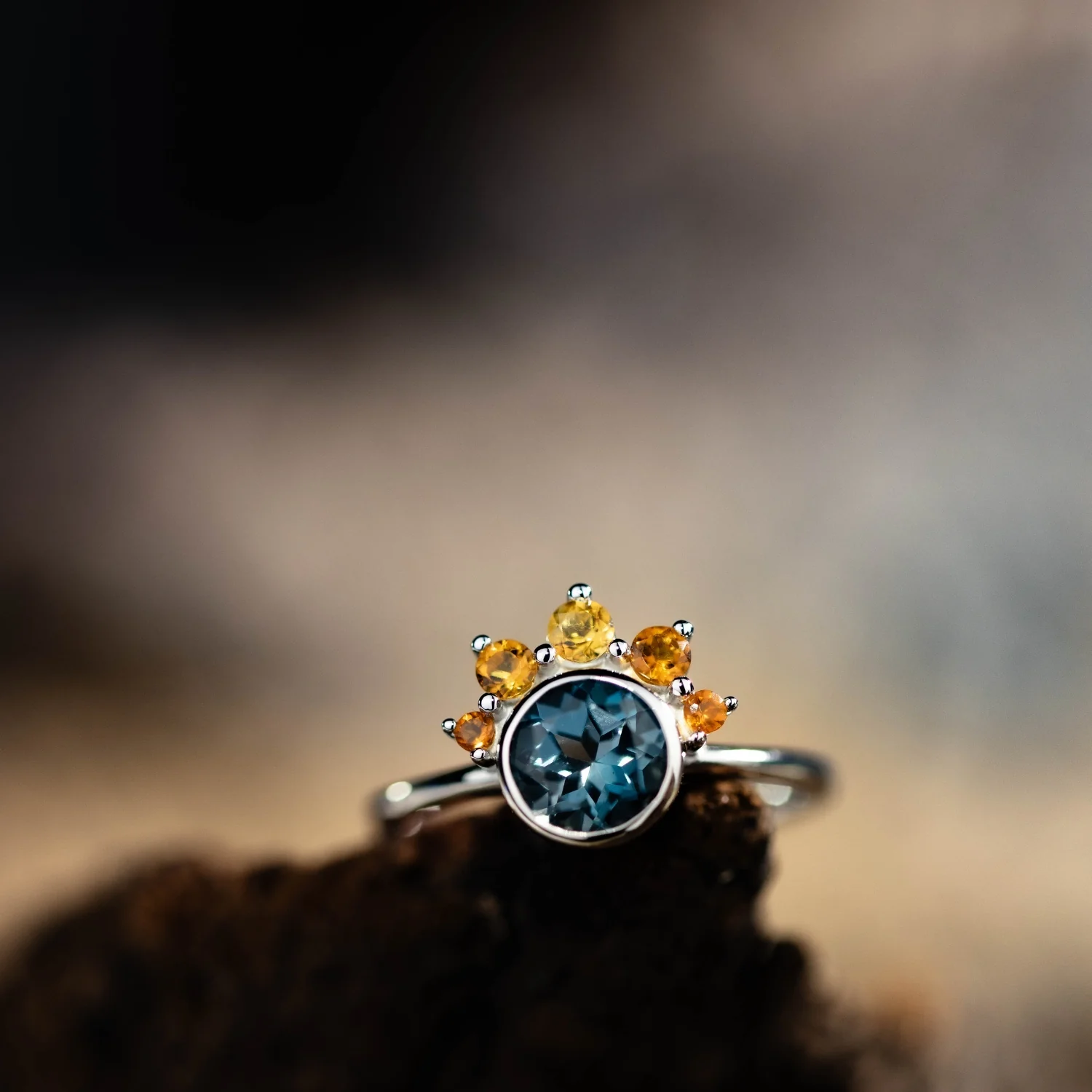The Cosset - London Blue Topaz Engagement Ring with Citrine Crown Accent & Bezel Setting - Image 5