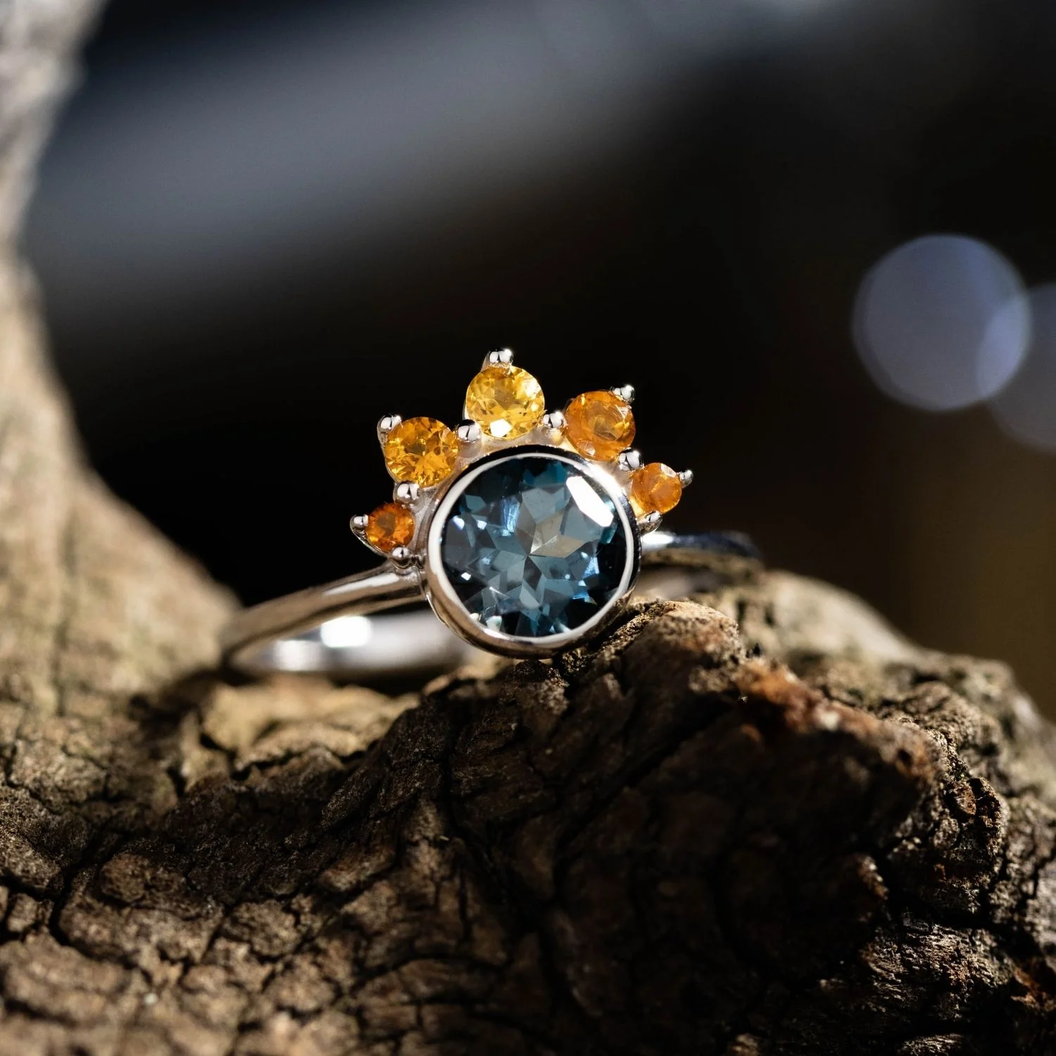 The Cosset - London Blue Topaz Engagement Ring with Citrine Crown Accent & Bezel Setting - Image 7