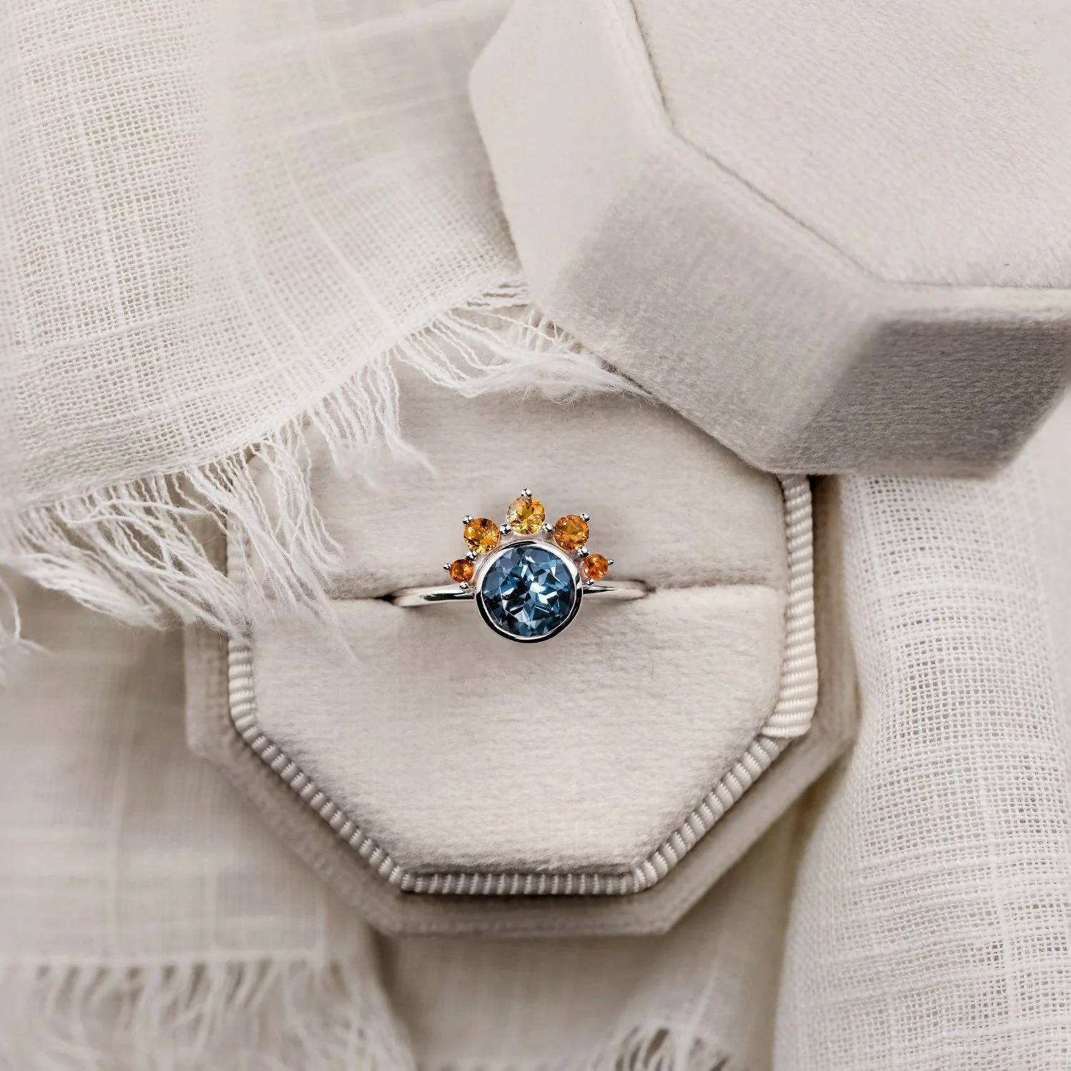 The Cosset - London Blue Topaz Engagement Ring with Citrine Crown Accent & Bezel Setting - Image 9